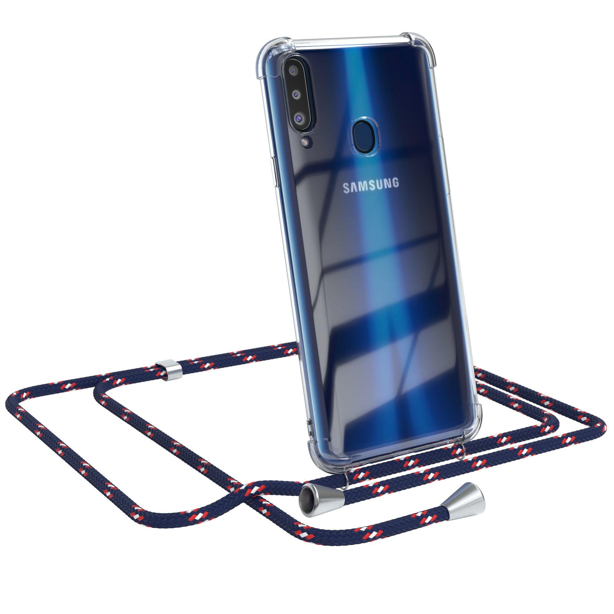 EAZY CASE Handykette Hülle mit Kette für Samsung Galaxy A20s 6,5 Zoll, Slimcover Handykette Hülle Cross Bag für Smartphone Blau Camouflage