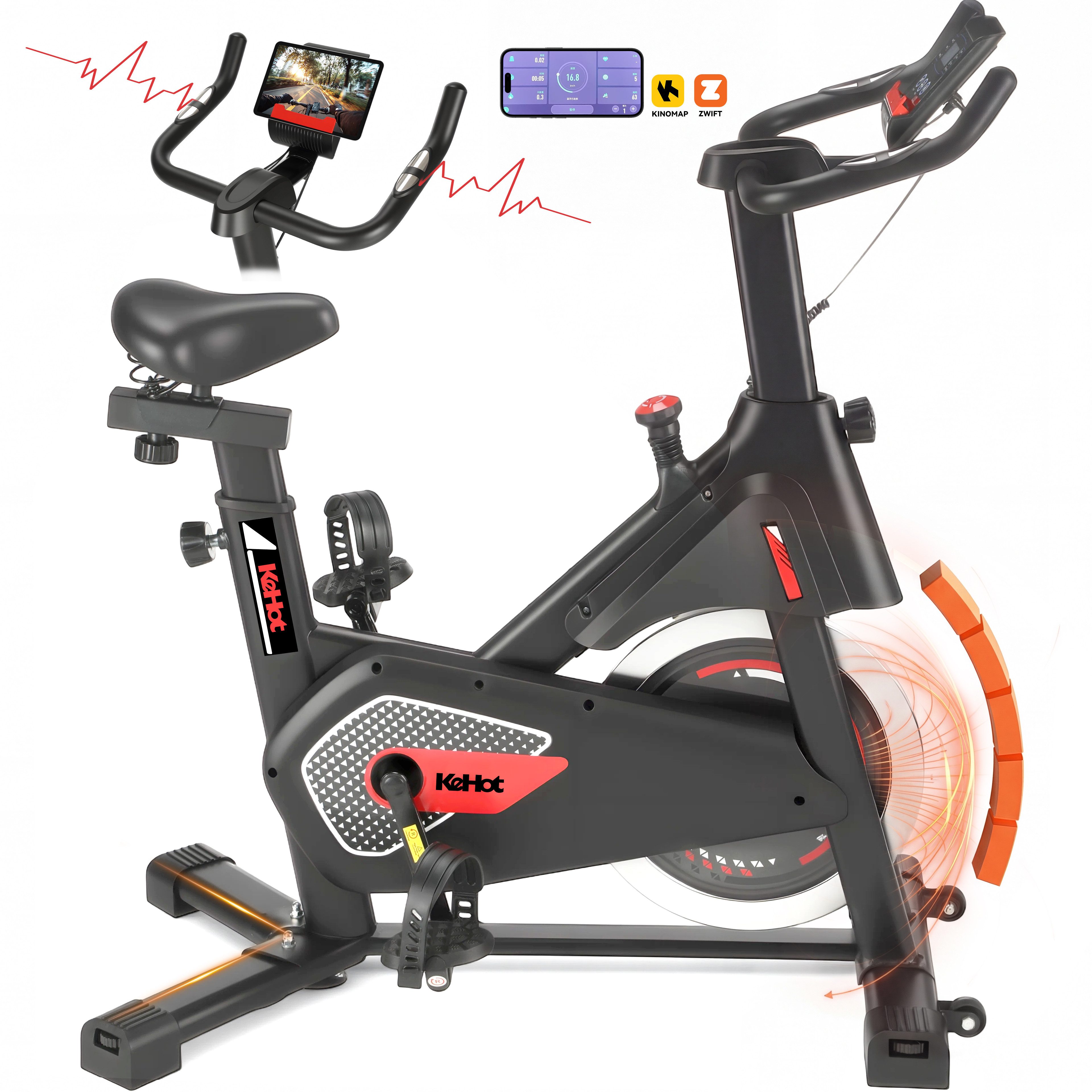 kehot Heimtrainer Heimtrainer Fahrrad für Zuhause mit App & leisem Indoor Cycling (Stufenloser Widerstand für Ausdauer-, Cardio- und Intervalltraining, Ergonomischer Komfortsattel und 6-kg-Schwungrad für flüssiges Fahren), Kinomap- und Zwift-kompatibel für motivierende Trainingseinheiten