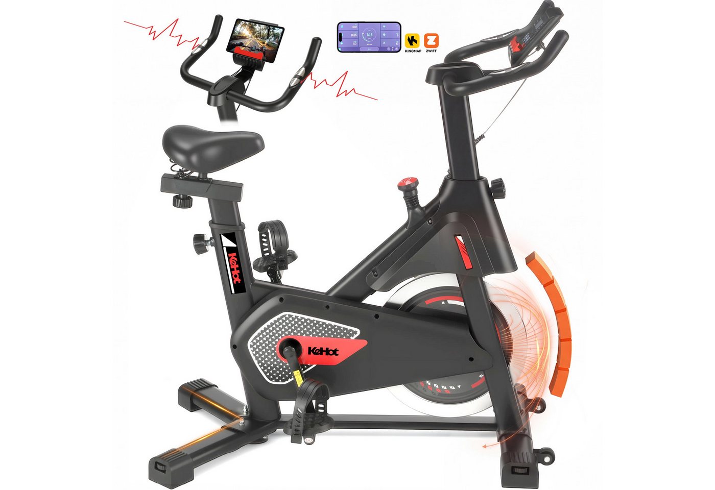 kehot Heimtrainer Heimtrainer Fahrrad für Zuhause mit App & leisem Indoor Cycling (Stufenloser Widerstand für Ausdauer-, Cardio- und Intervalltraining, Ergonomischer Komfortsattel und 6-kg-Schwungrad für flüssiges Fahren), Kinomap- und Zwift-kompatibel fü