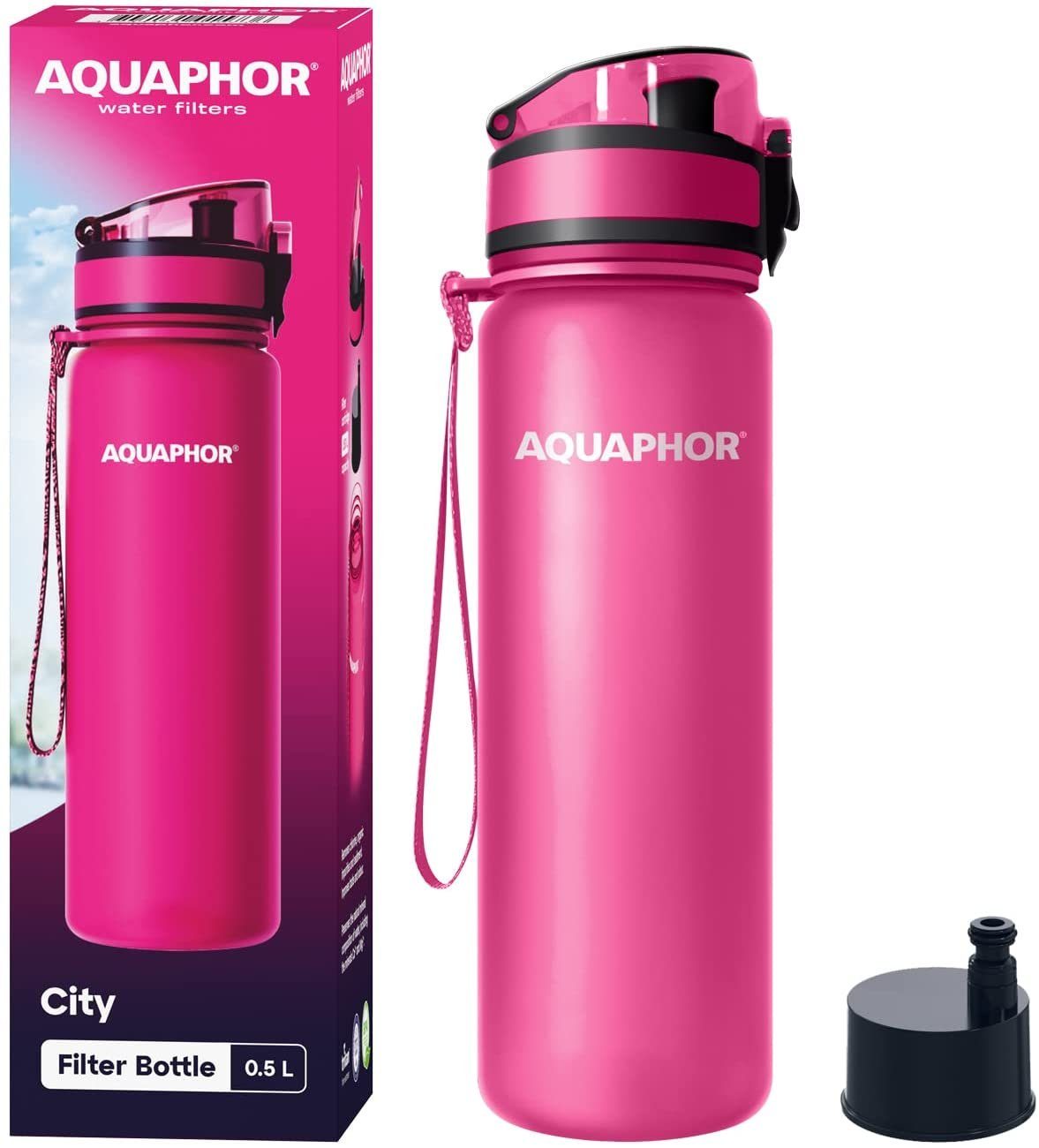 AQUAPHOR Trinkflasche CITY Flasche mit Wasserfilter für unterwegs, 500ml. I, 500ml. I Filter mit Aktivkohle I Aus Tritan & BPA-frei, Farbe: pink