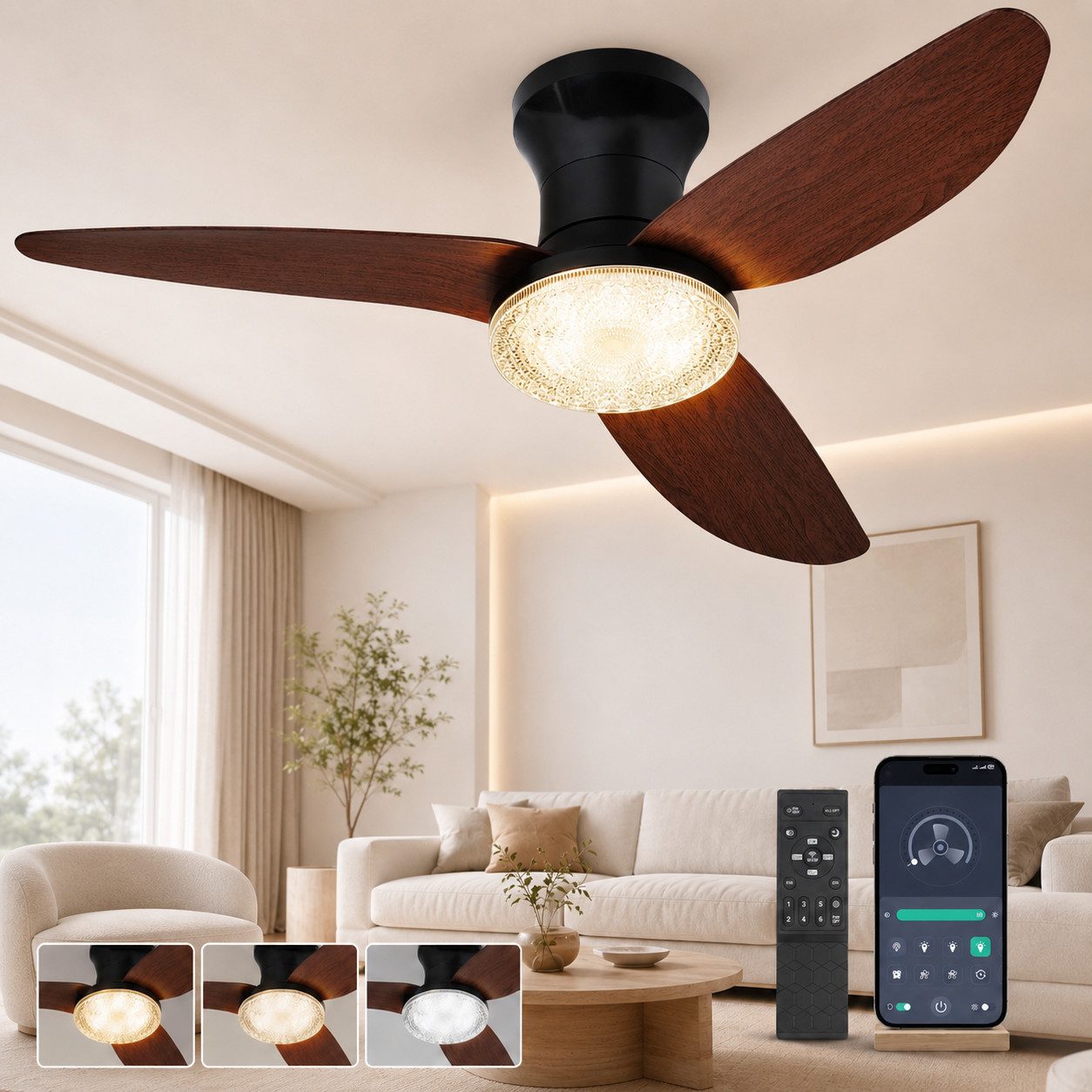 Rosnek Deckenventilator mit Licht, Kristall-Lampenschirm, App, dimmbar, 6 Stufen, 100 cm, DC-Motor, Timer, reversibel, 3 Lichtfarben, für Wohnräume