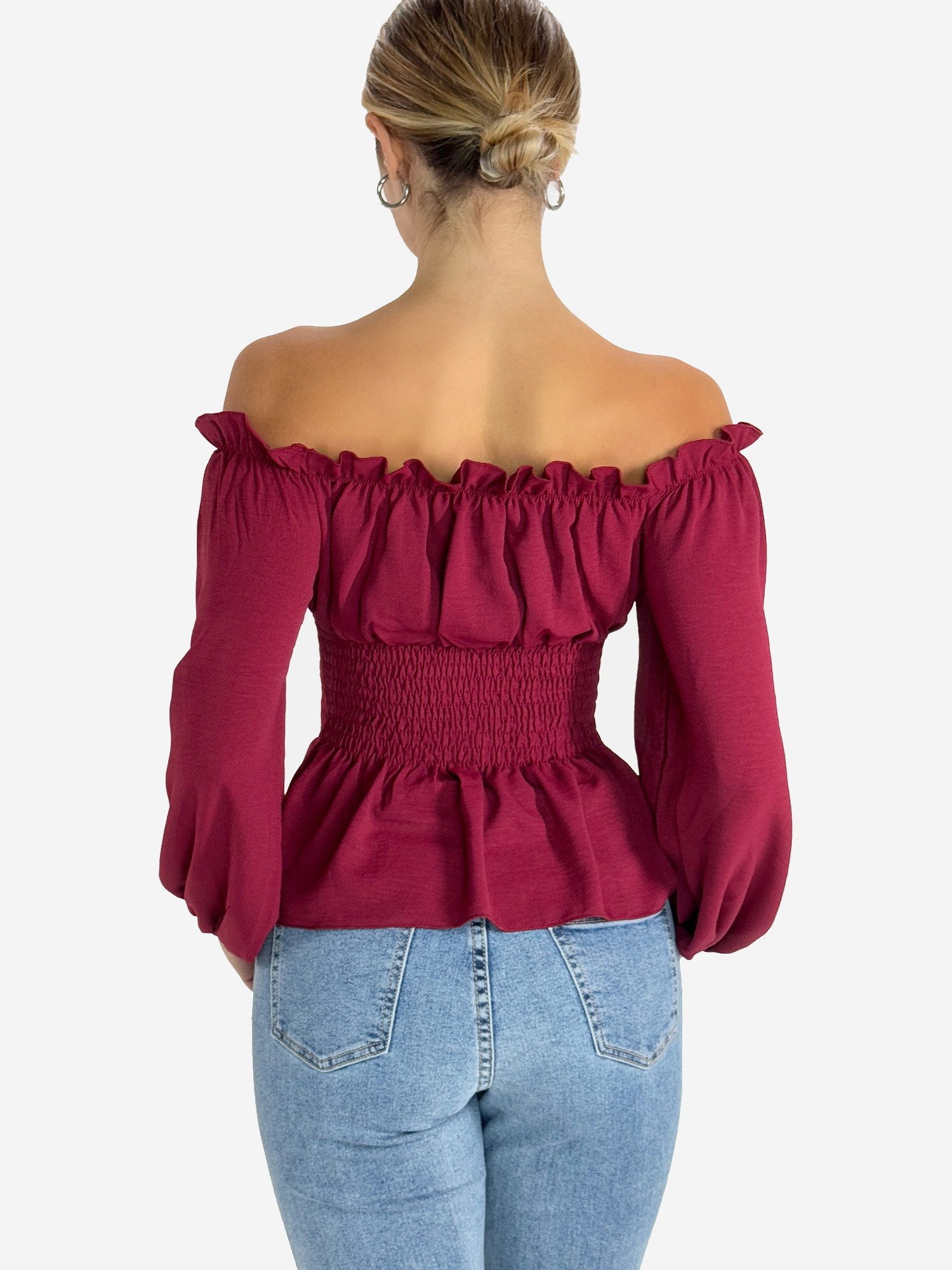 Elara Blusentop Damen Carmenbluse mit Schnürung, Smokbund und Ballonärmeln