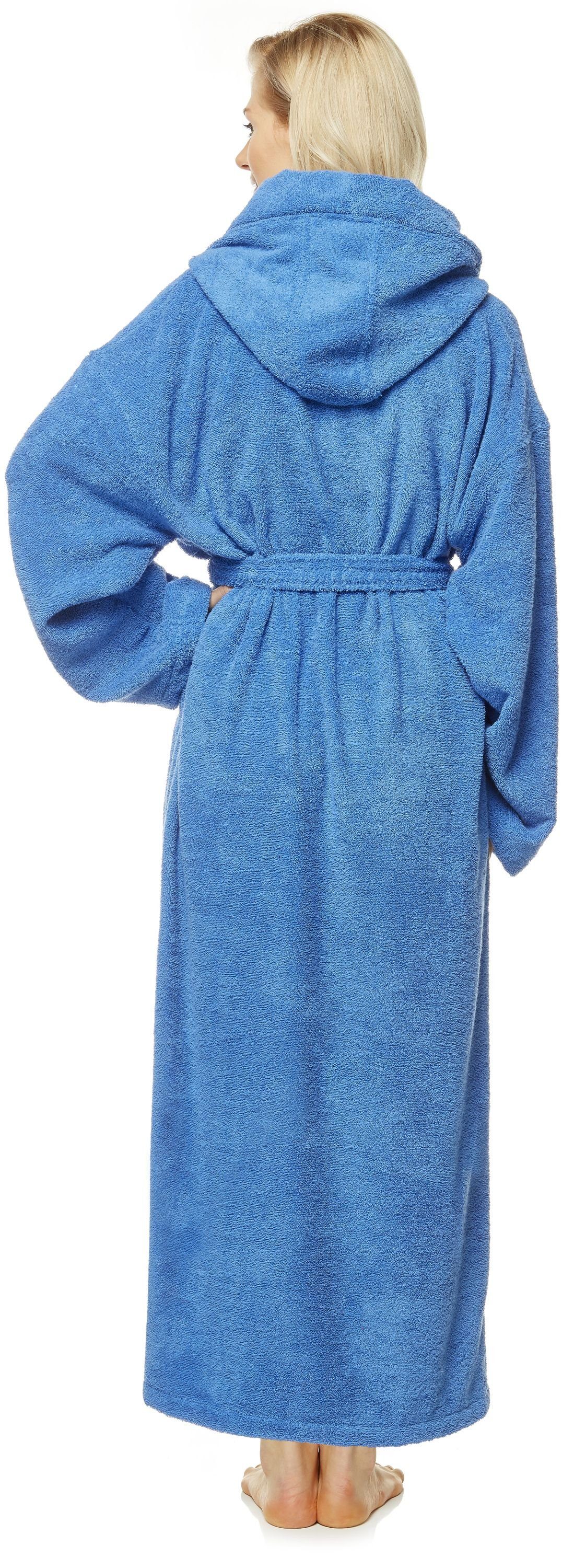 Arus Damenbademantel Astra, 100% Baumwolle, mit Baumwolle Königsblau wadenlang Kapuze, 100% oder extra lang