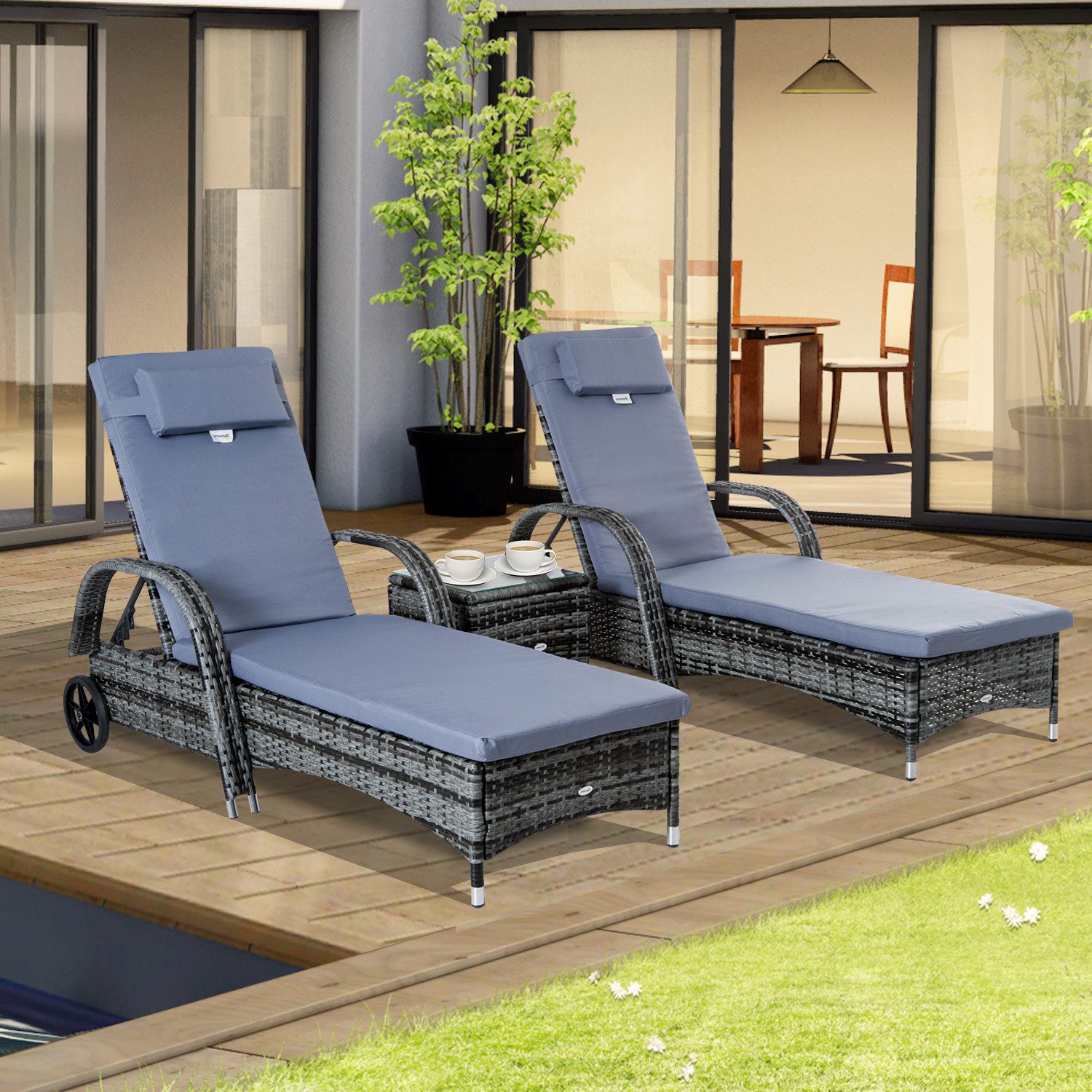 Outsunny Gartenlounge-Set Gartenliege mit Tisch 3er-Set Gartenmöbel Polyrattan+Metall, (Liege, 3-tlg., Sonnenliege), für Garten, Balkon, Grau