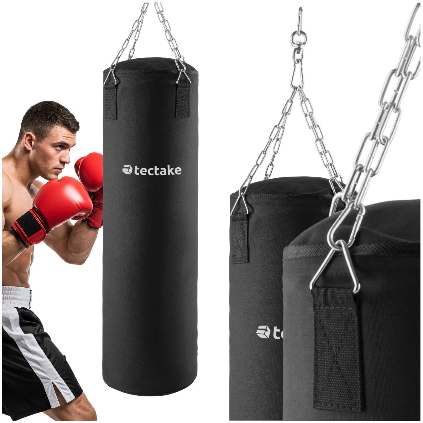 tectake Boxsack Schlagtrainer, gefüllt und hängend, 25 kg, Maße: 28 x 105 cm (Punching Bag, in schwarz), Inklusive Karabinerhaken und 4-Punkt-Stahlkette mit Drehwirbel