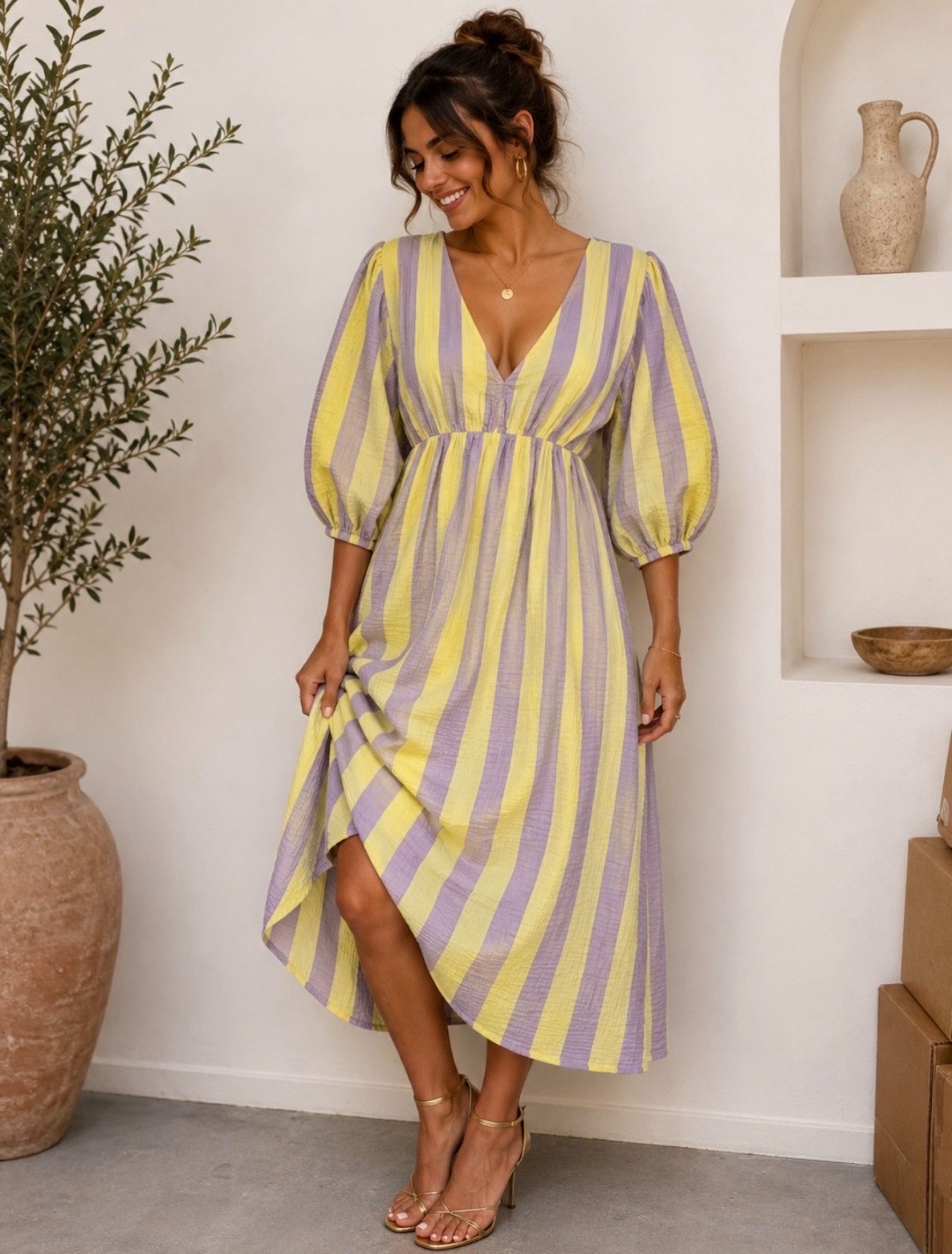 Worldclassca Sommerkleid Worldclassca Musselin Sommerkleid Streifen Lang Gestreift Strand Dress Neue Kollektion - Stilvolle und gemütliche Sommer Mode für Damen