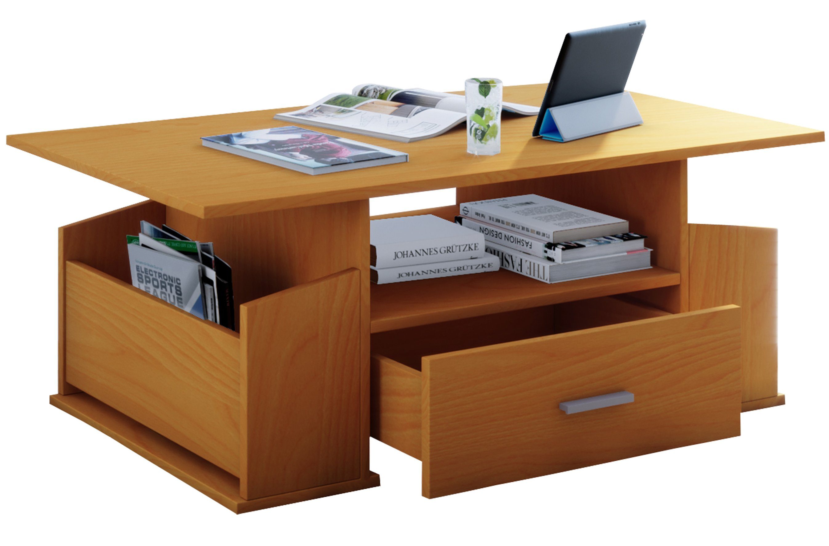 VCM Couchtisch Junata mit 1 Schublade B. 110 x T. 52 x H. 44 cm, Couchtisch mit 3 Fächern, 1 Schublade