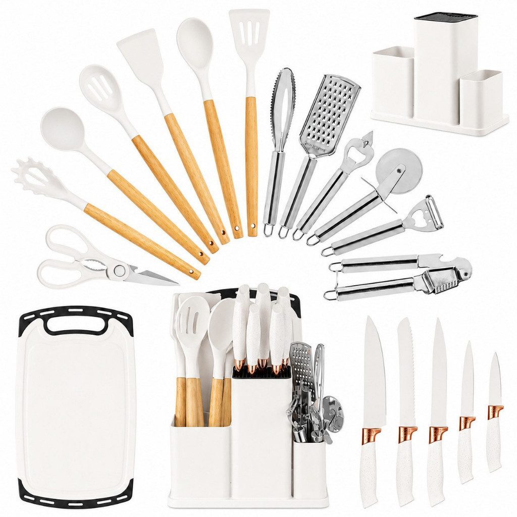 Diyarts Kochbesteck-Set (Set, 23-tlg., Setumfang: Beige 23-teilig, Grün, Weiß und Schwarz 20-teilig), Silikon-Kochflächen, Holzgriffe, Edelstahl, inkl. Kochmesser