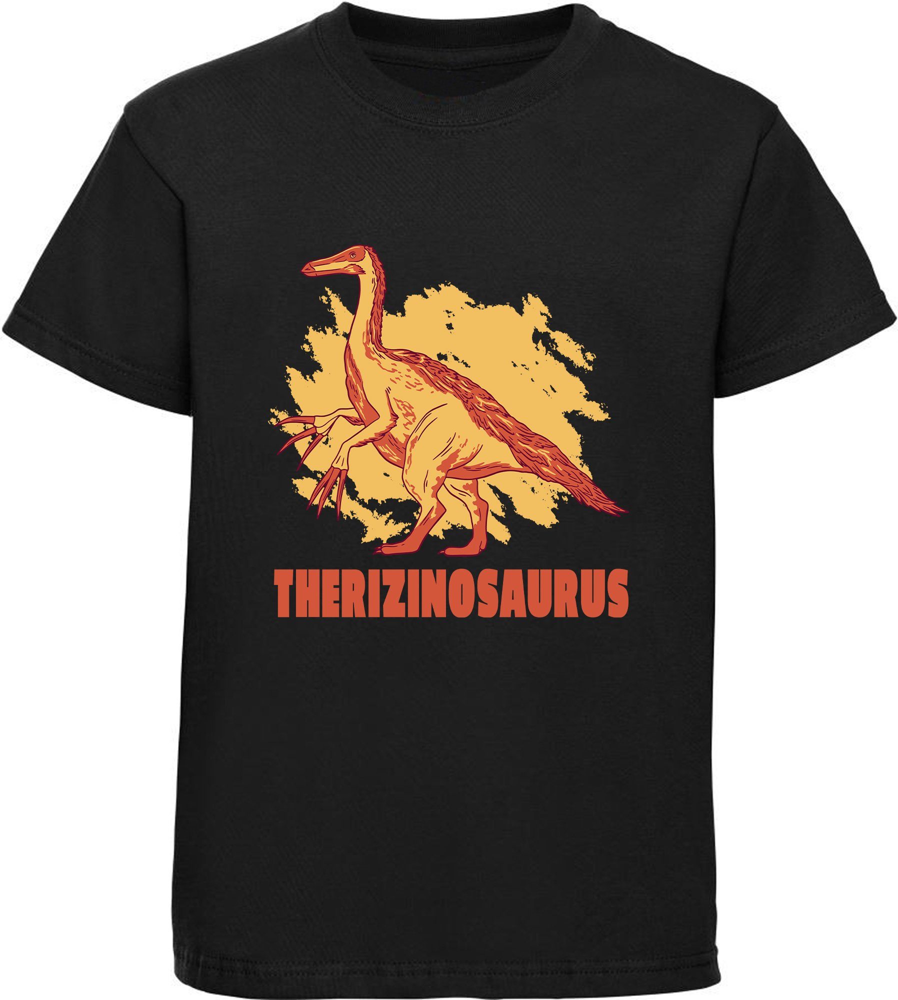 i87 Print-Shirt mit blau, T-Shirt Dino, weiß, mit rot, MyDesign24 Baumwollshirt Therizinosaurus Kinder schwarz, bedrucktes