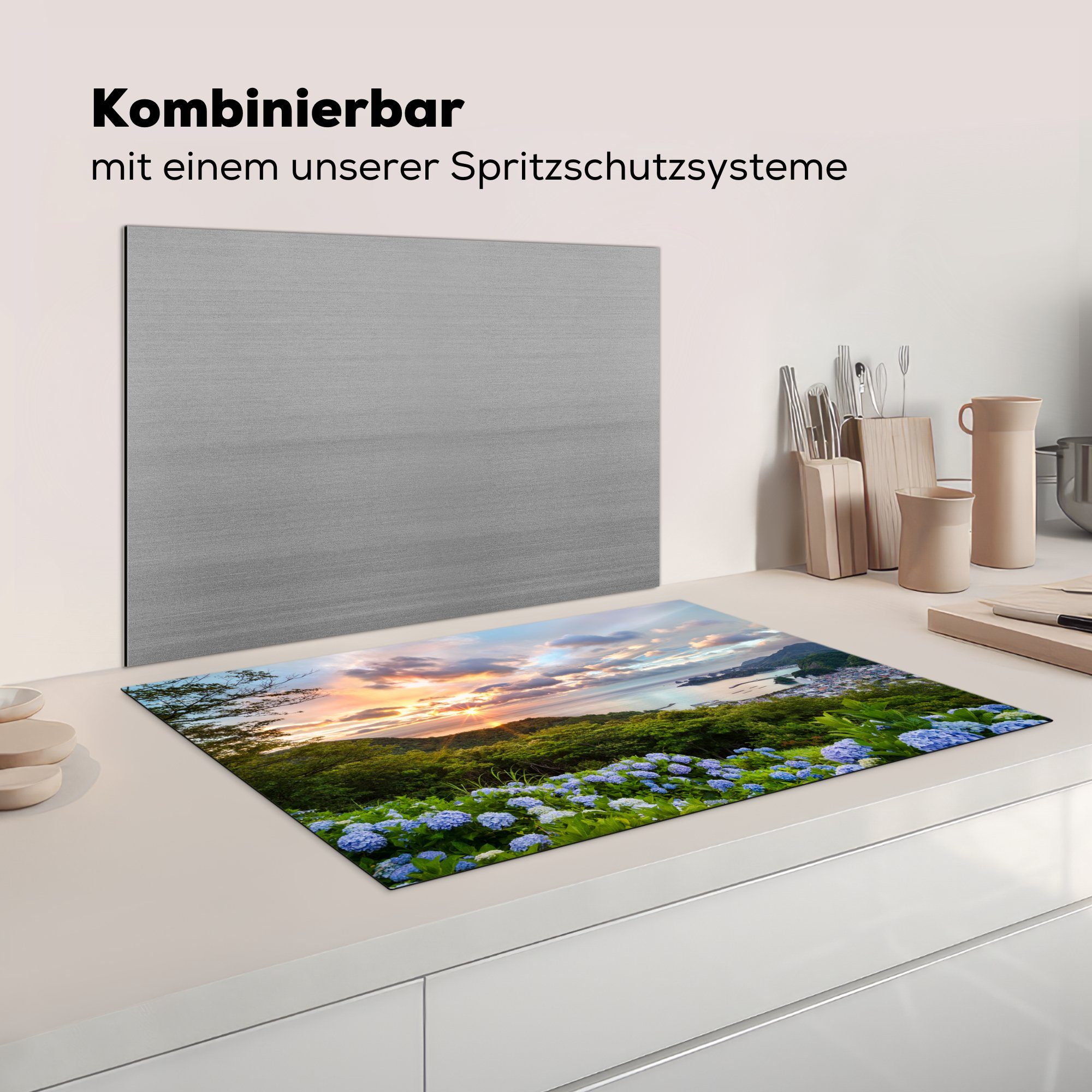 im (1 Schutz Induktionskochfeld tlg), Vinyl, MuchoWow Herdblende-/Abdeckplatte cm, 81x52 Hortensienblüten küche, Ceranfeldabdeckung die Sonnenuntergang, für