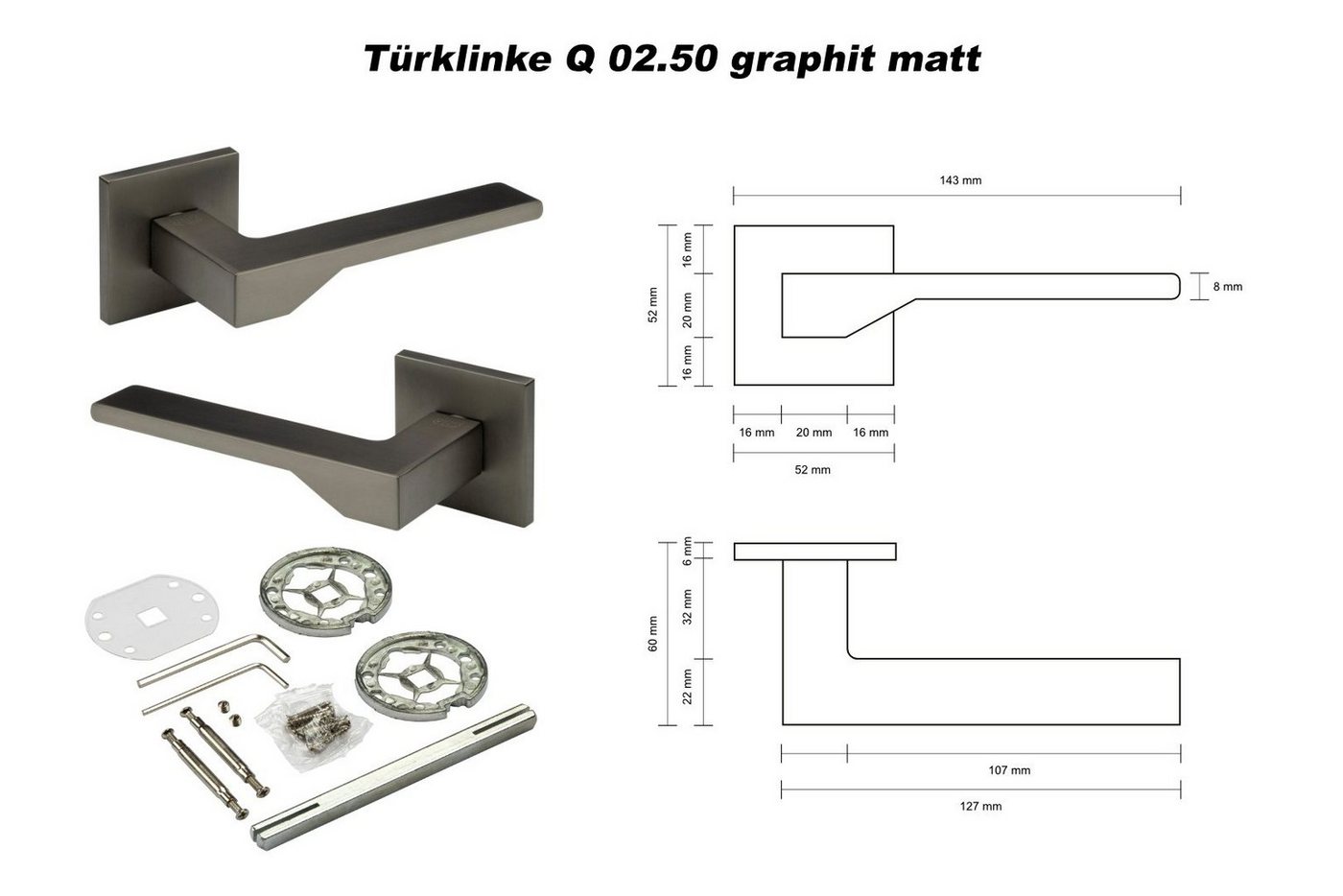 Thumbnail - Hexim Drückergarnitur Türklinke Q02.50 graphit matt, Zimmer Türgriffe WC / Bad Aluminium matt in 4 Farben - (Türklinke Q...