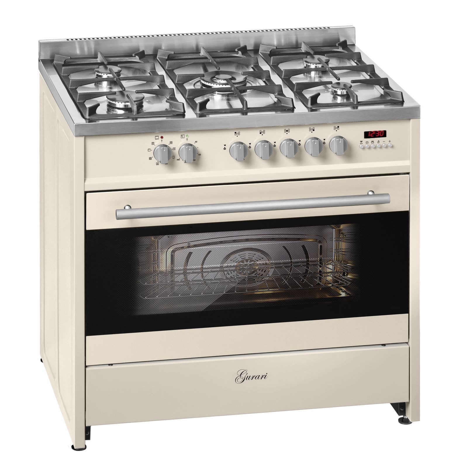 GURARI Gas-Standherd GCH E 911 Cr+Grillplatte, Gas Elektro Standherd 90 cm, XXL Backofen 121 L, 8 Funktionen
