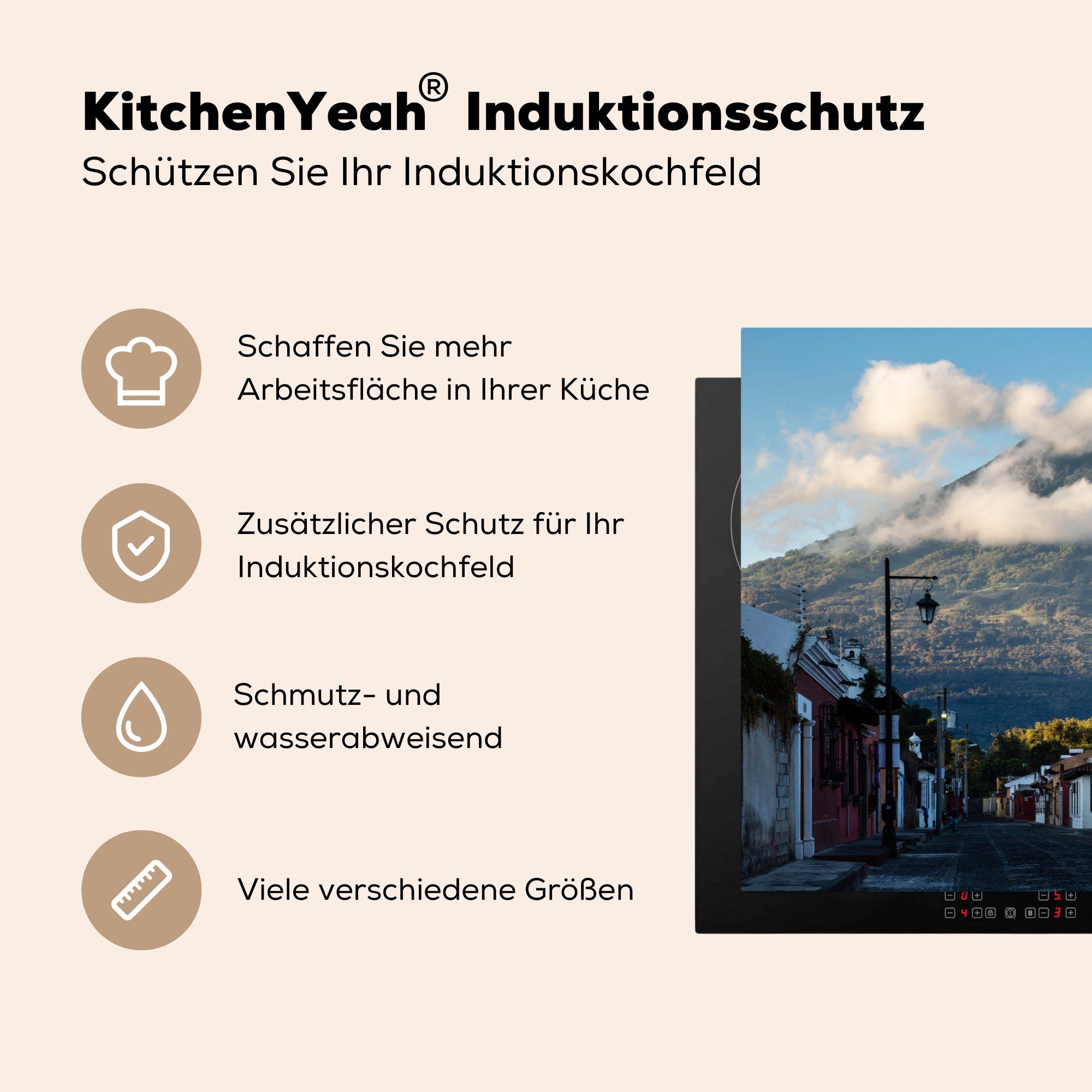 (1 um 81x52 für Schutz City Street Vinyl, cm, tlg), von sich MuchoWow Induktionskochfeld Ceranfeldabdeckung Herdblende-/Abdeckplatte Antigua die bilden Wolken Einige die in, der küche,