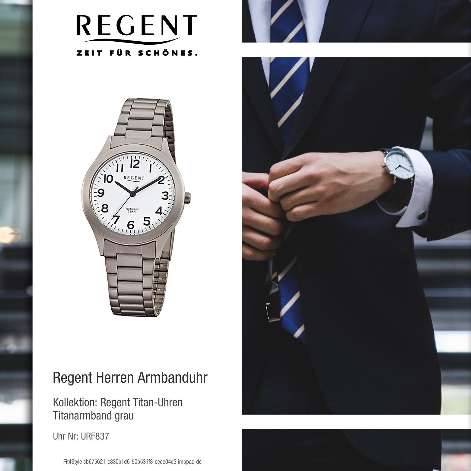 Regent Quarzuhr Regent (ca. mittel Analog, Herren-Armbanduhr silber Armbanduhr Titanarmband rund, Herren 36mm), grau