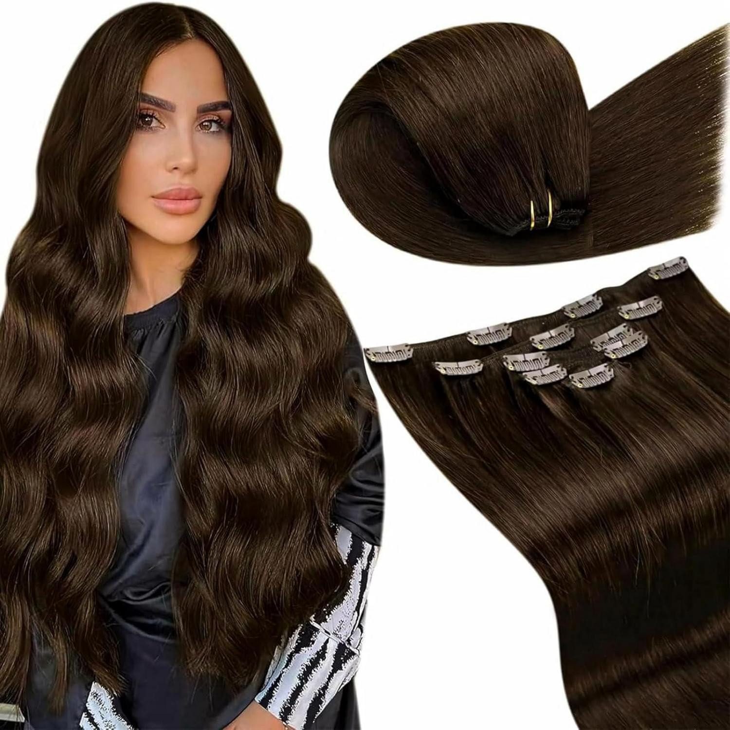LuxusKollektion Echthaar-Extension Clip in Extensions Echthaar Braun Remy Glatt Doppelt 30cm-5PCS 1.3#4