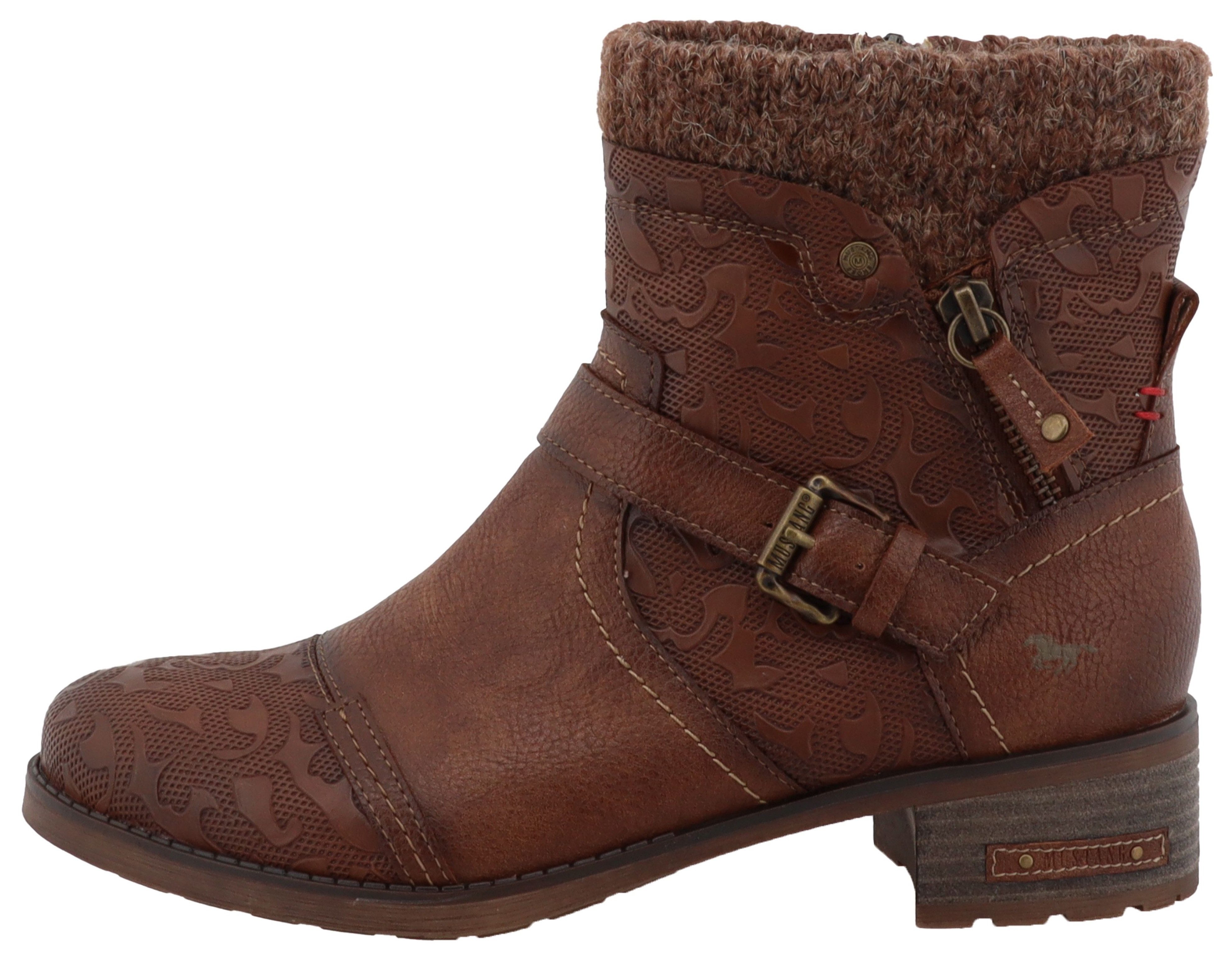 Mustang Shoes Fabienne Winterstiefelette Biker Boots mit Blockabsatz und Zierriemchen