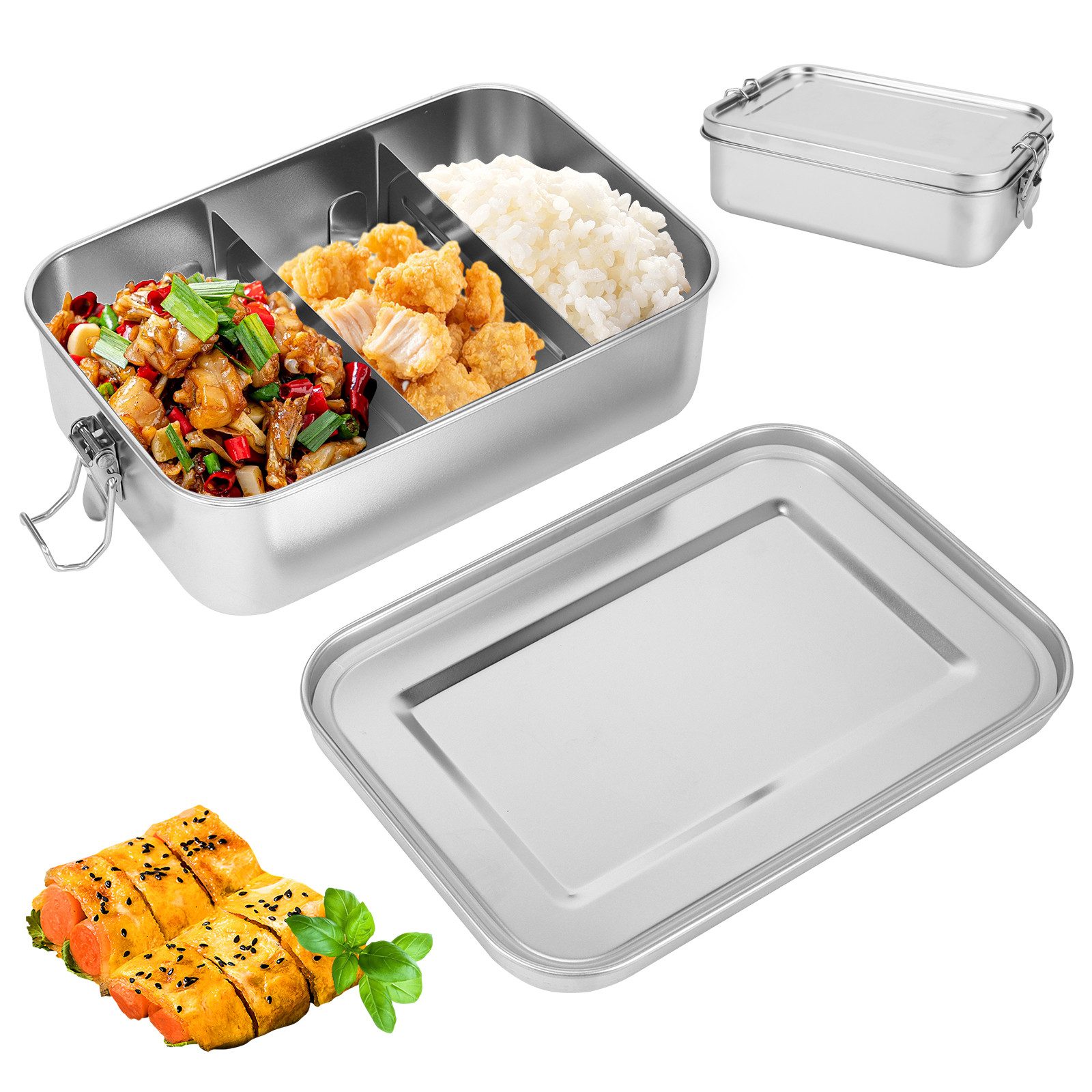 BlingBin Lunchbox Edelstahl 1400 ml mit Fächern Bento Box Brotdosen, Edelstahl, (1 Stück, 1-tlg., 20,2 x 14 x 6,6 cm), Tragbare Aufbewahrungsbehälter Auslaufsicher für Schule, Büro,Picknick