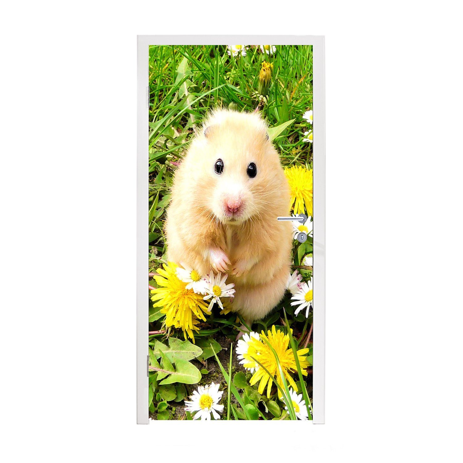 Blumen Gras, cm Fototapete St), Hamster (1 Matt, - Tür, MuchoWow bedruckt, Türaufkleber, für - Türtapete 75x205