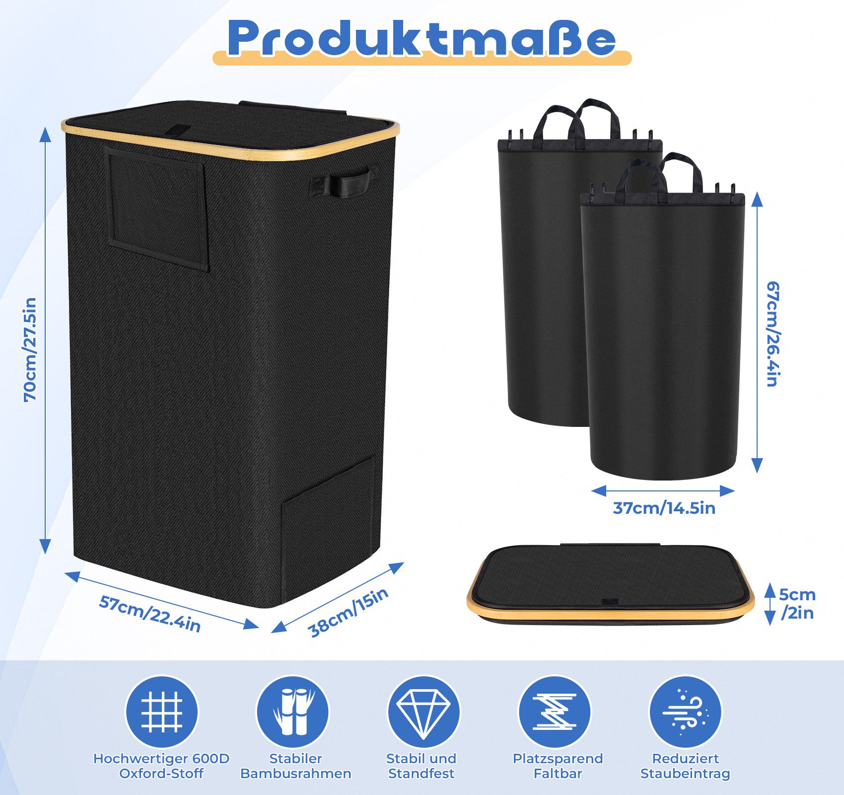 ElitVita Wäschekorb 150 L Faltbar Wäschesammler mit Deckel, 2 fächer, schma günstig online kaufen