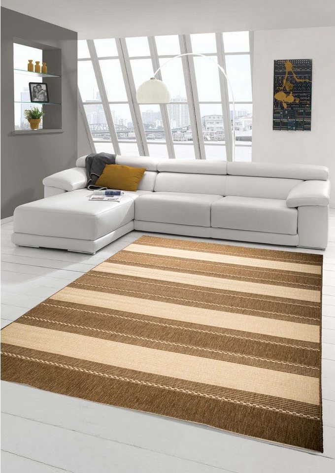 Outdoorteppich Teppich Sisal Optik Küchenteppich moderner Läufer Flachgewebe  gestreift braun beige, Teppich-Traum, rechteckig, Höhe: 4 mm