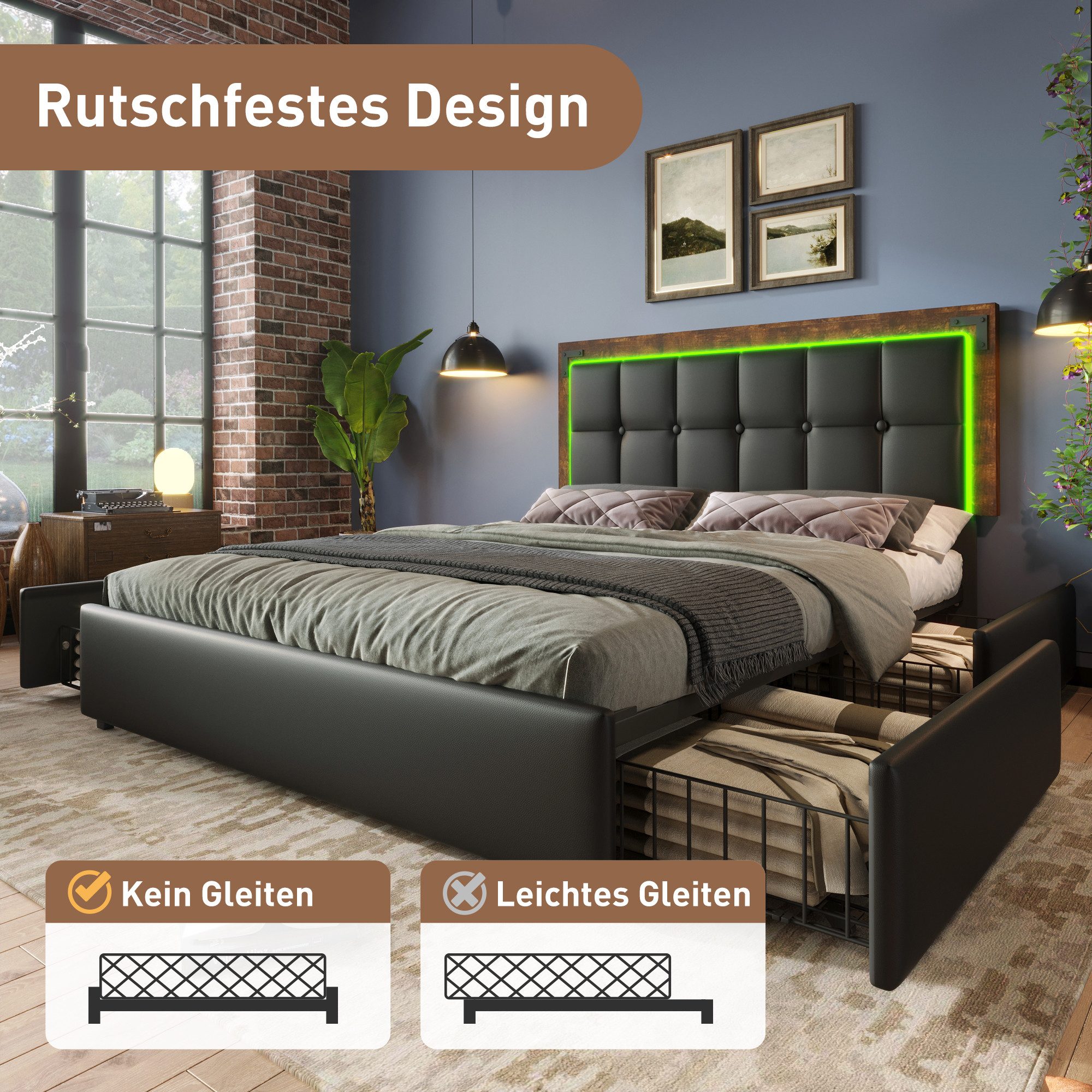 FLIEKS Polsterbett LED Doppelbett 160x200cm - Einrichtungsbeispiel