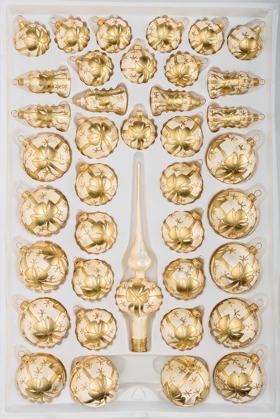 Navidacio Weihnachtsbaumkugel 39 tlg. Glas-Weihnachtskugeln Set "Ice Champagner Goldene Schleife"