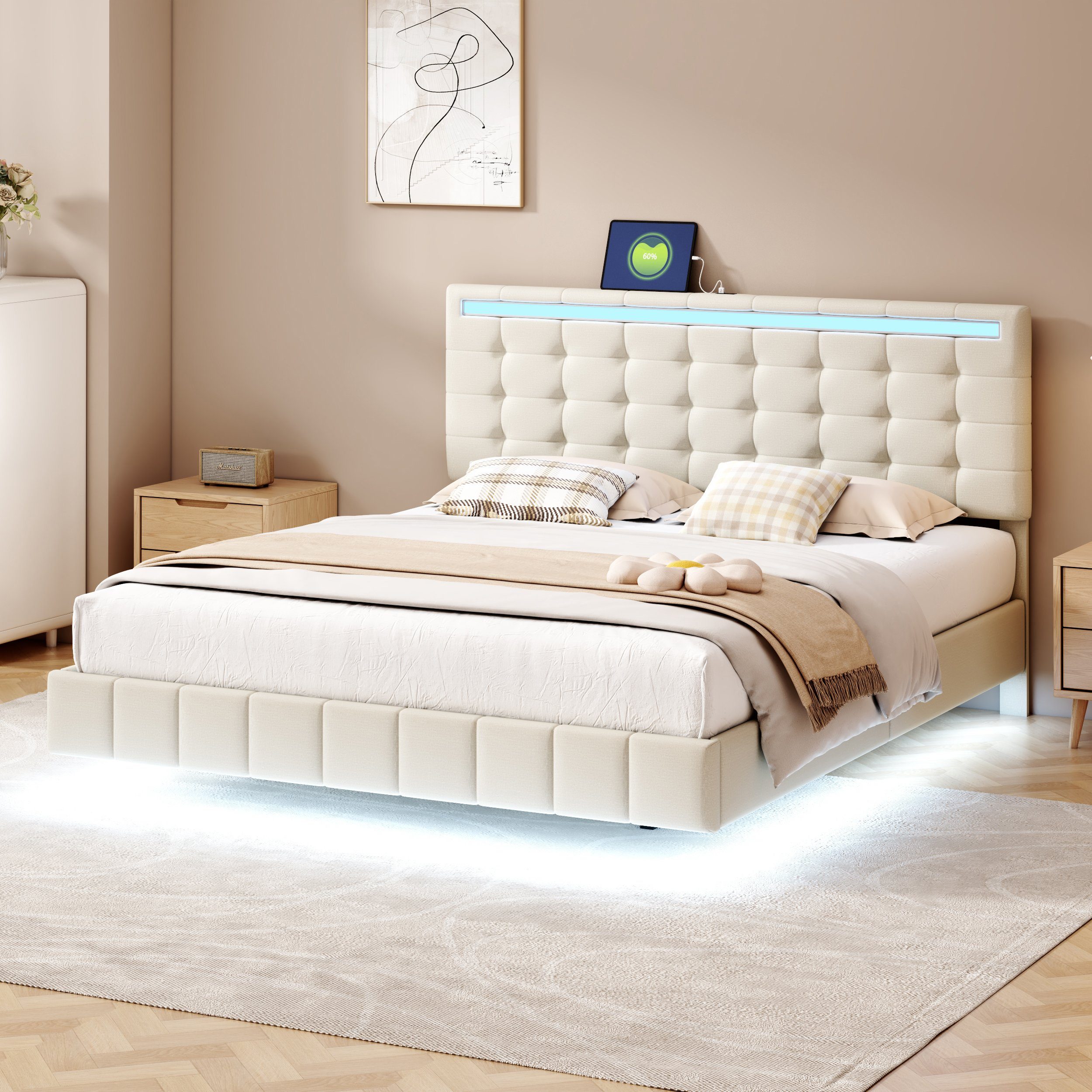 Polsterbett (LED Doppelbett), mit USB Ladefunktion und höhenverstellbarem Kopfteil 160x200cm, Leinen