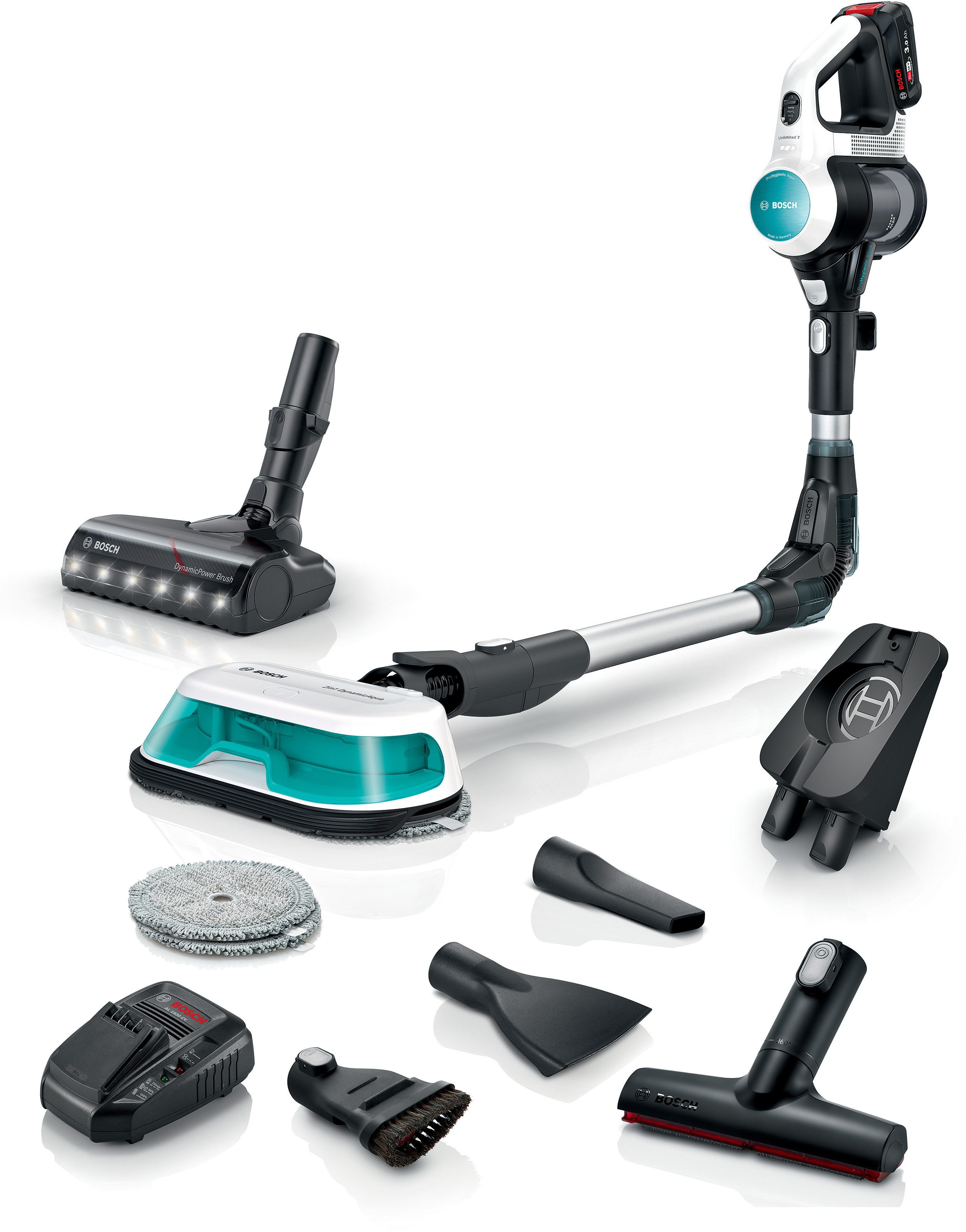 BOSCH Akku-Stielstaubsauger Unlimited 7 ProHygienic Aqua BKS71HYG1, 2in1 Saugen & Wischen, beutellos, Knickrohr, Hygiene-Filter, 10 J. Motorgarantie, Schnellladegerät, weiß