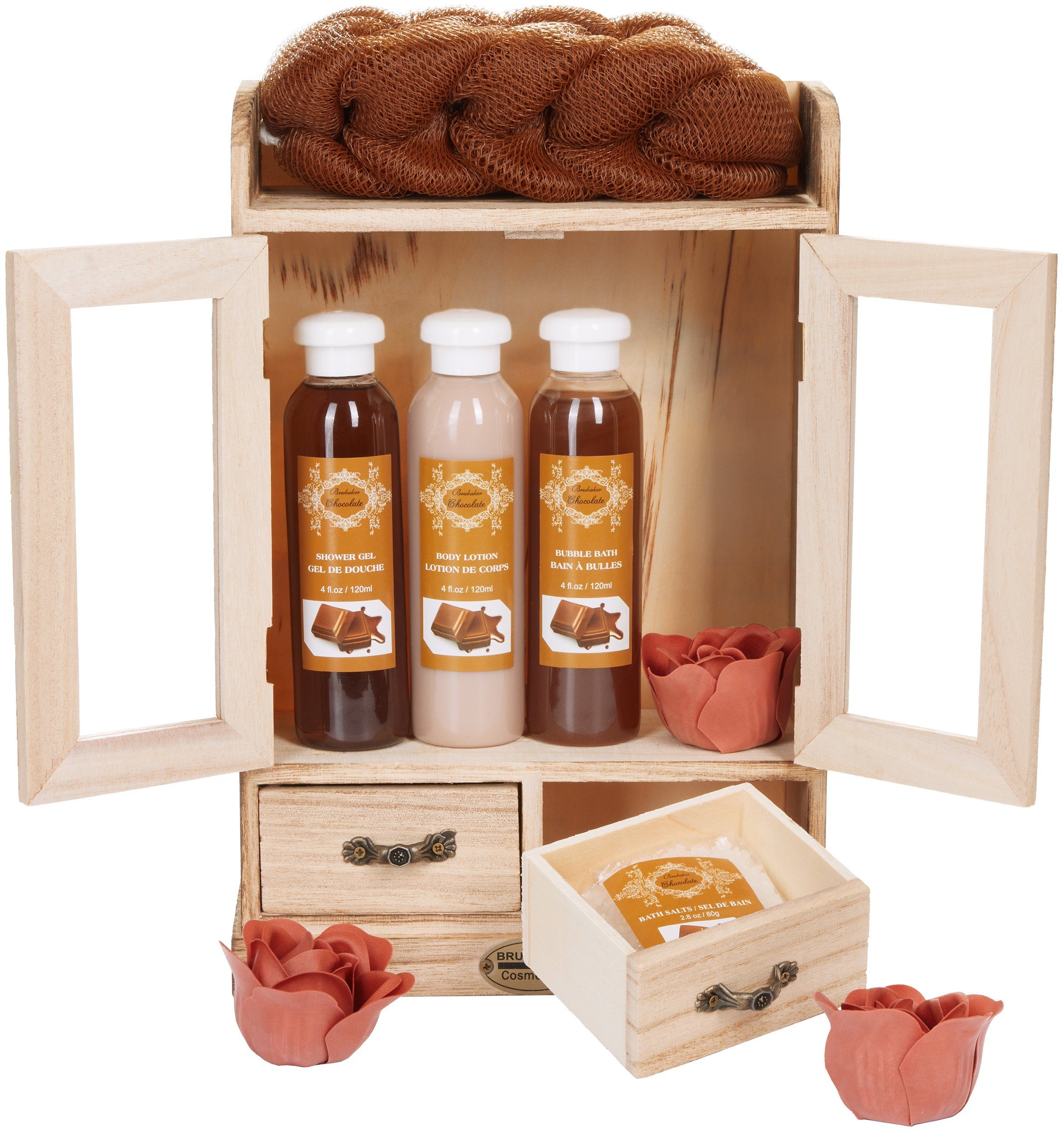 BRUBAKER Hautreinigungs-Set Bade- und Dusch Set, Badeset mit Schoko Duft, Pflegeset, 10-tlg., Damen Geschenkset im Vintage-Schränkchen, reinigend und pflegend