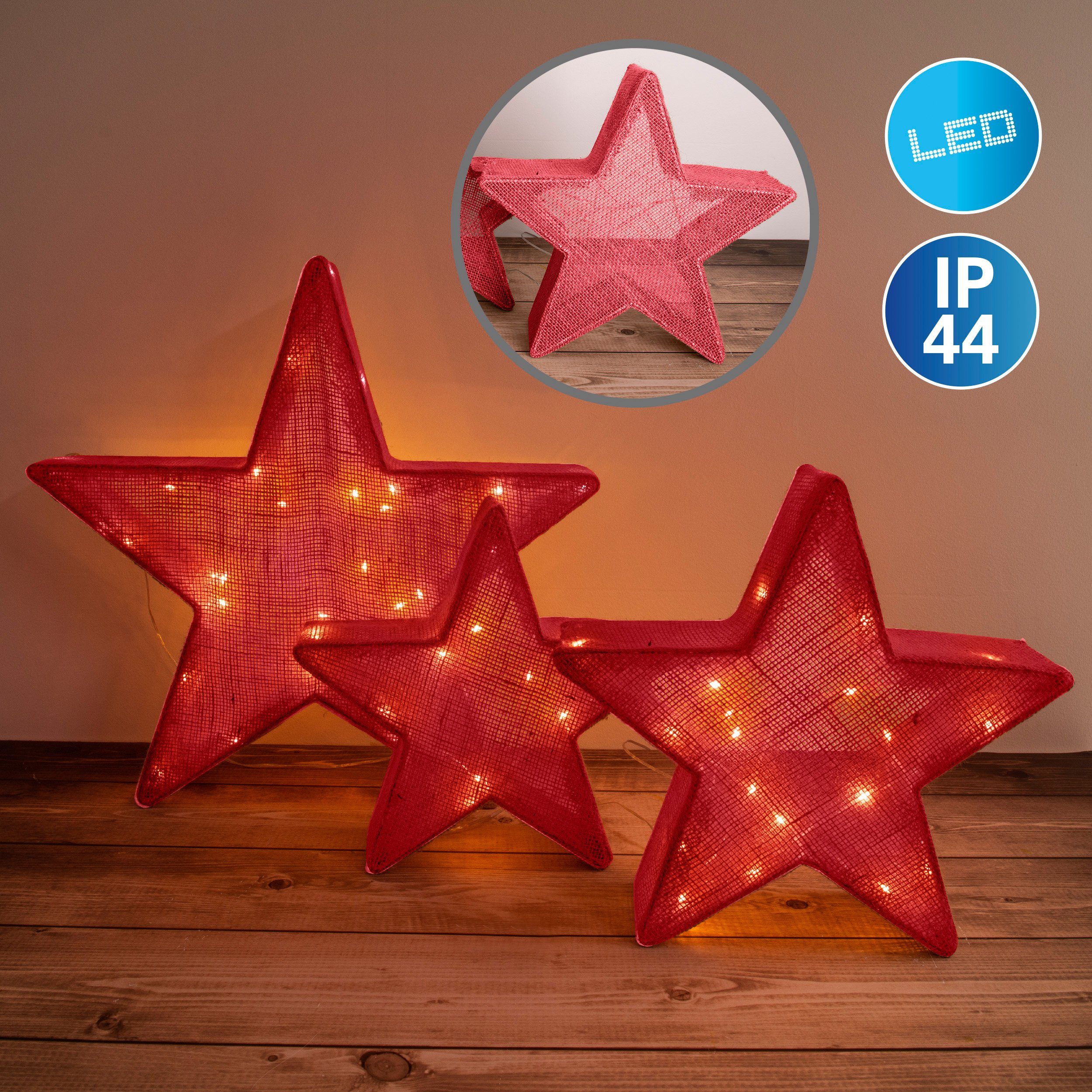 näve LED mit Adapter LED Stars<<, rot,1x Stars, Christmas Zuleitung 4,5V/3.6W Warmweiß, LED Stern 3er Set>>Christmas fest integriert