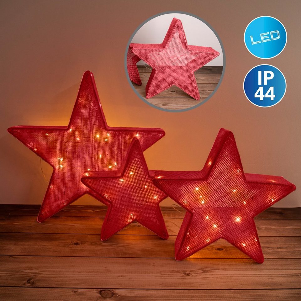 näve LED Stern Christmas Stars, LED fest integriert, Warmweiß, LED 3er  Set>>Christmas Stars<<, rot,1x Zuleitung mit Adapter