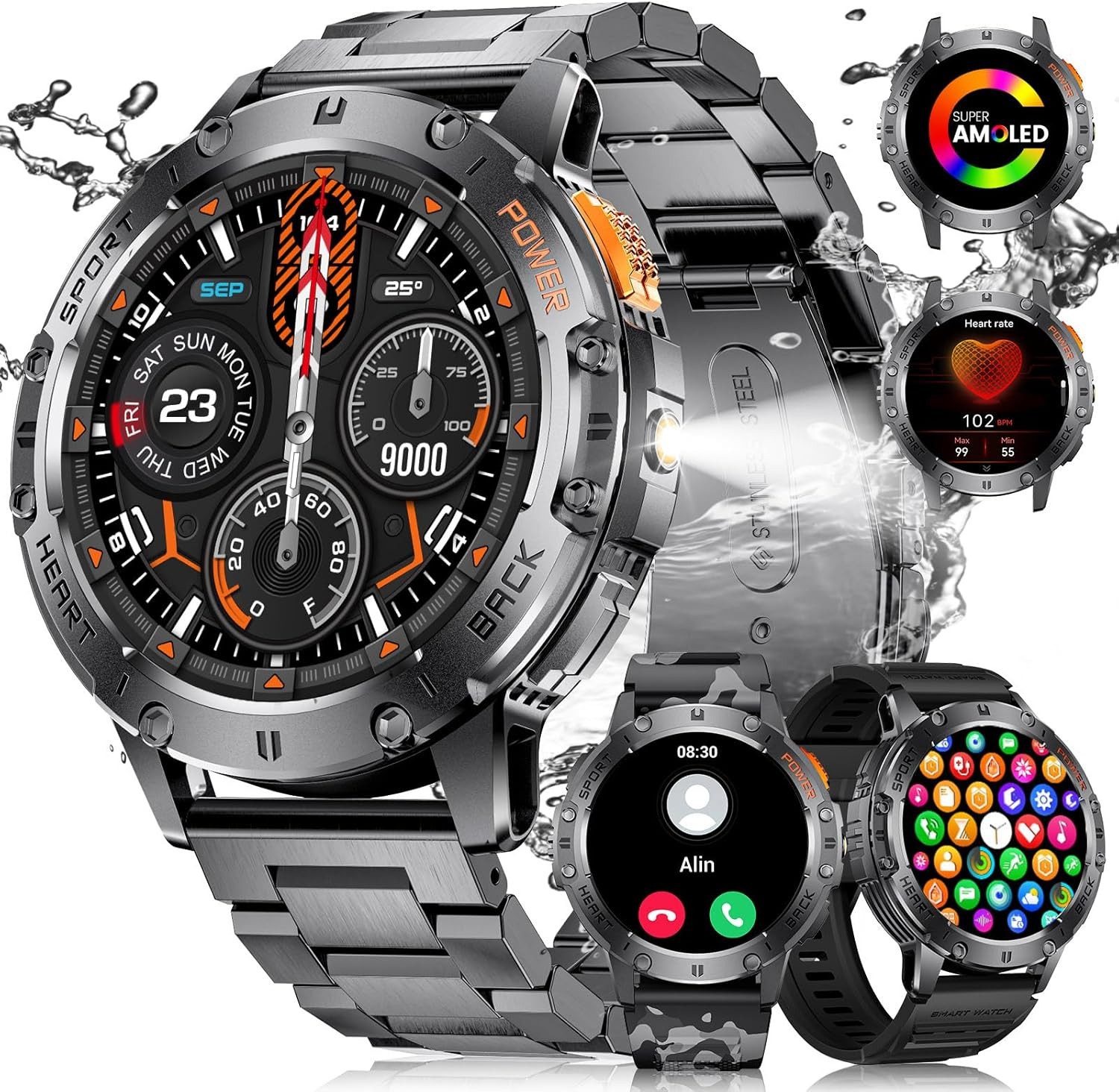 FoxBox Herren's IP68 Wasserdicht Telefonfunktion Smartwatch (1.43 Zoll, Android/iOS), mit LED Taschenlampe Herzfrequenz, 300+ Zifferblätter 110+ Sportmodi