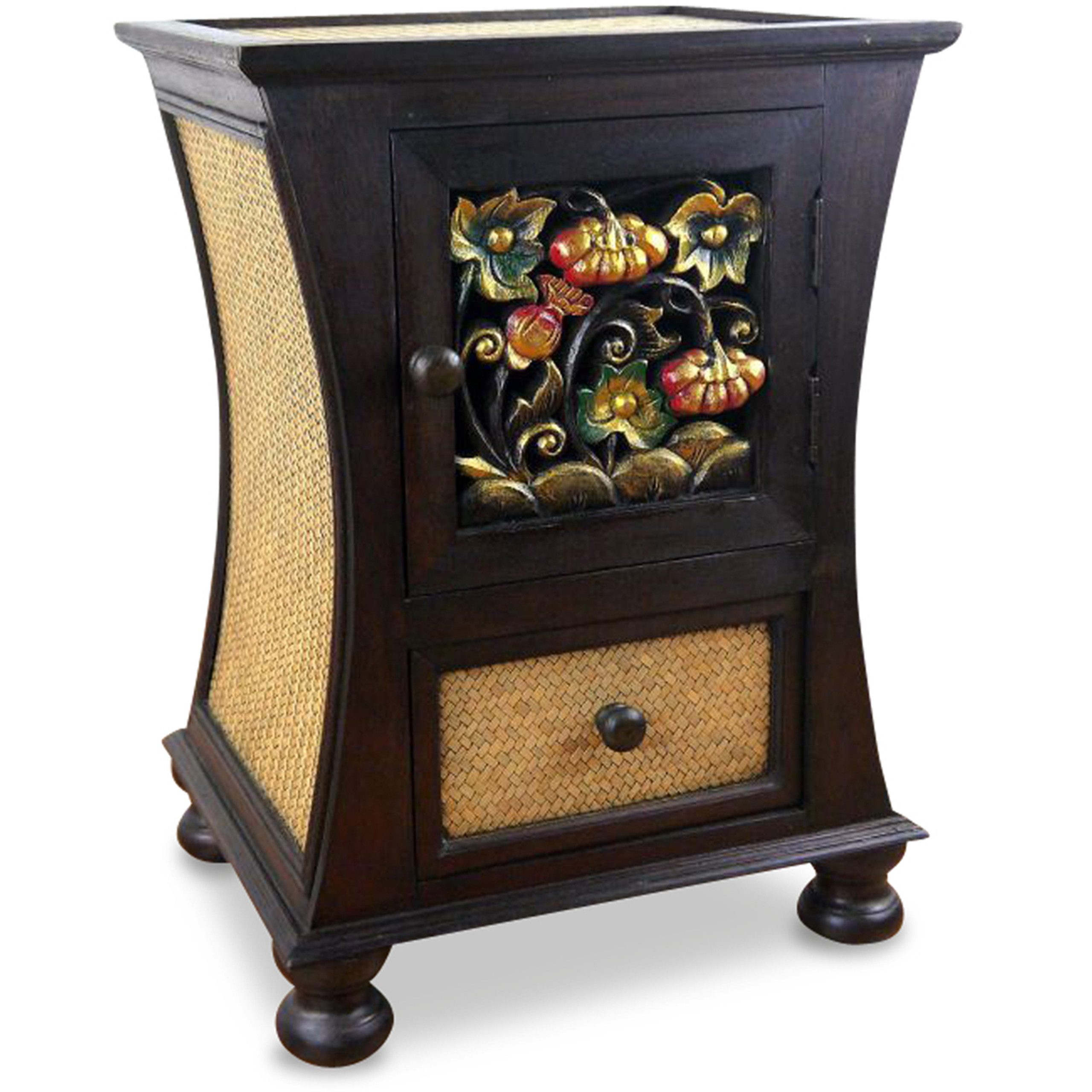 livasia Nachttisch Rattan Nachttisch 45x35x60cm – mit Blumenschnitzerei, Handarbeit
