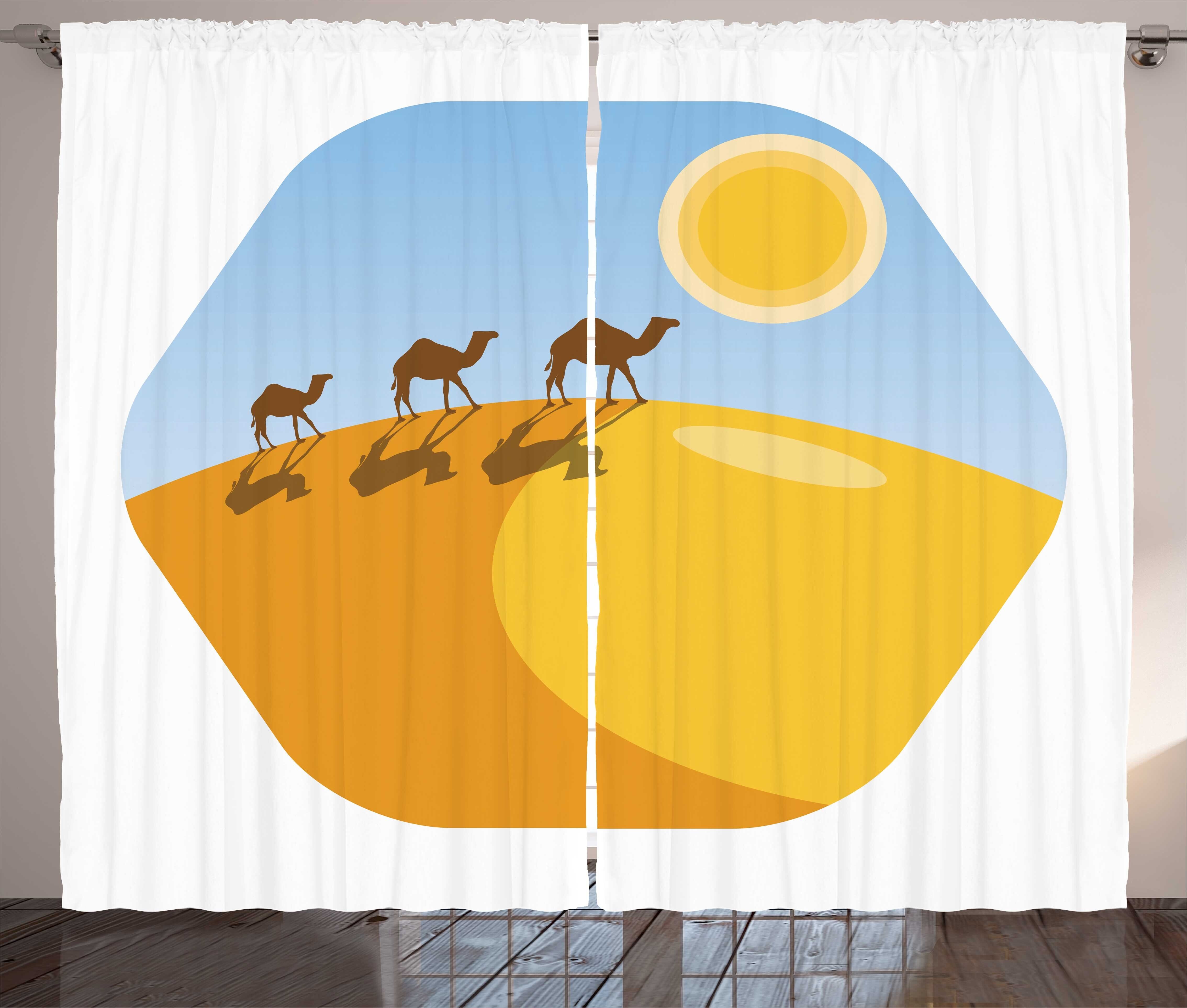 Kräuselband auf Cartoon Schlafzimmer Haken, Ägyptisch mit Vorhang und Schlaufen Gardine Kamele Wüste Abakuhaus,