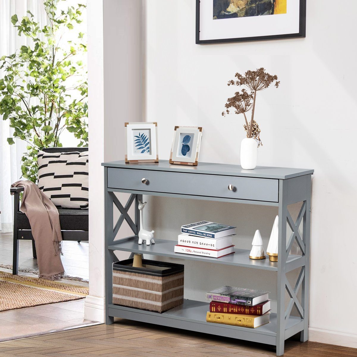 COSTWAY Konsolentisch, 3 Ebenen mit Schublade, Holz, 100 x 30 x 80 cm