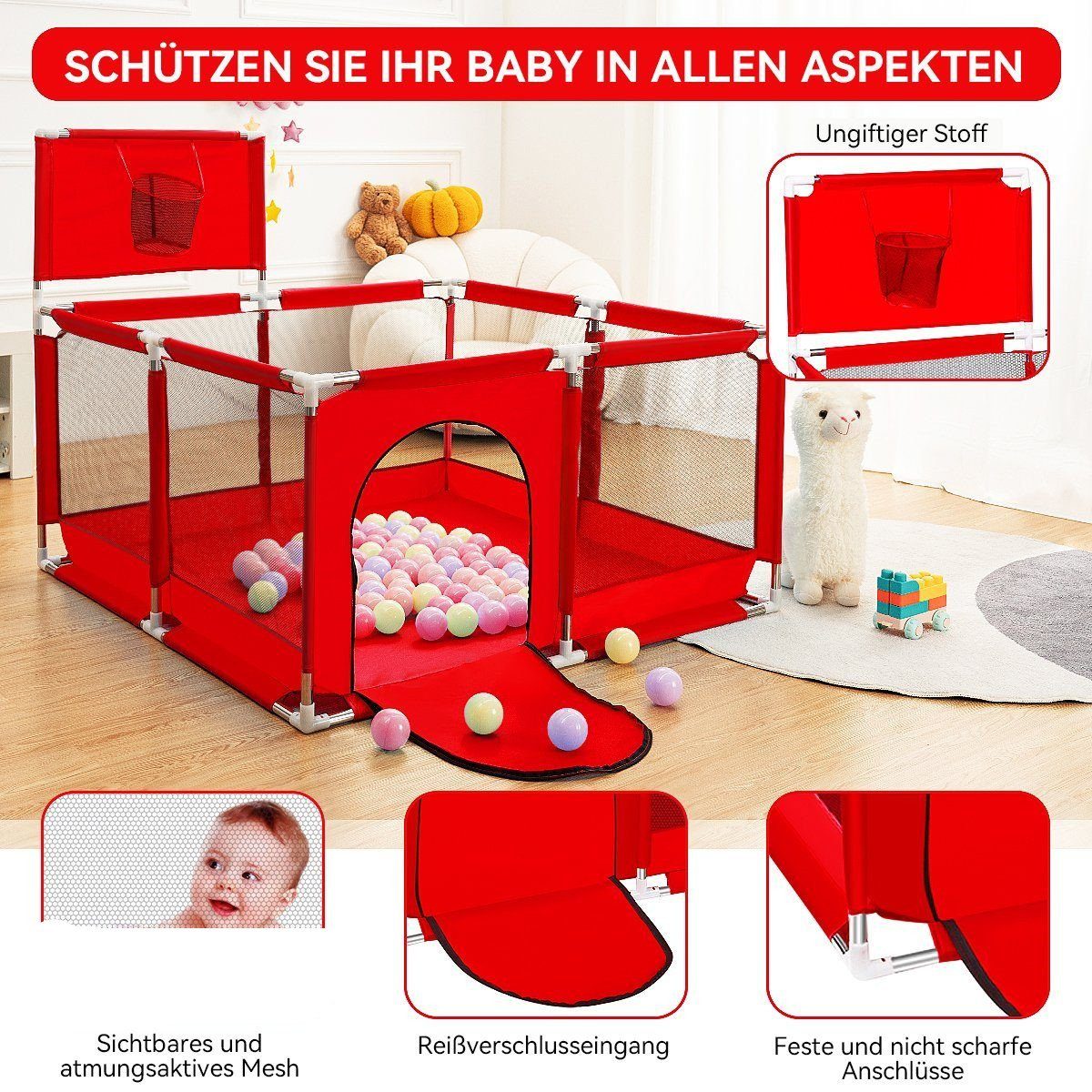 Comomy Laufgitter (Baby Krabbelgitter, 1-tlg), mit Basketball-Netz 128x66cm