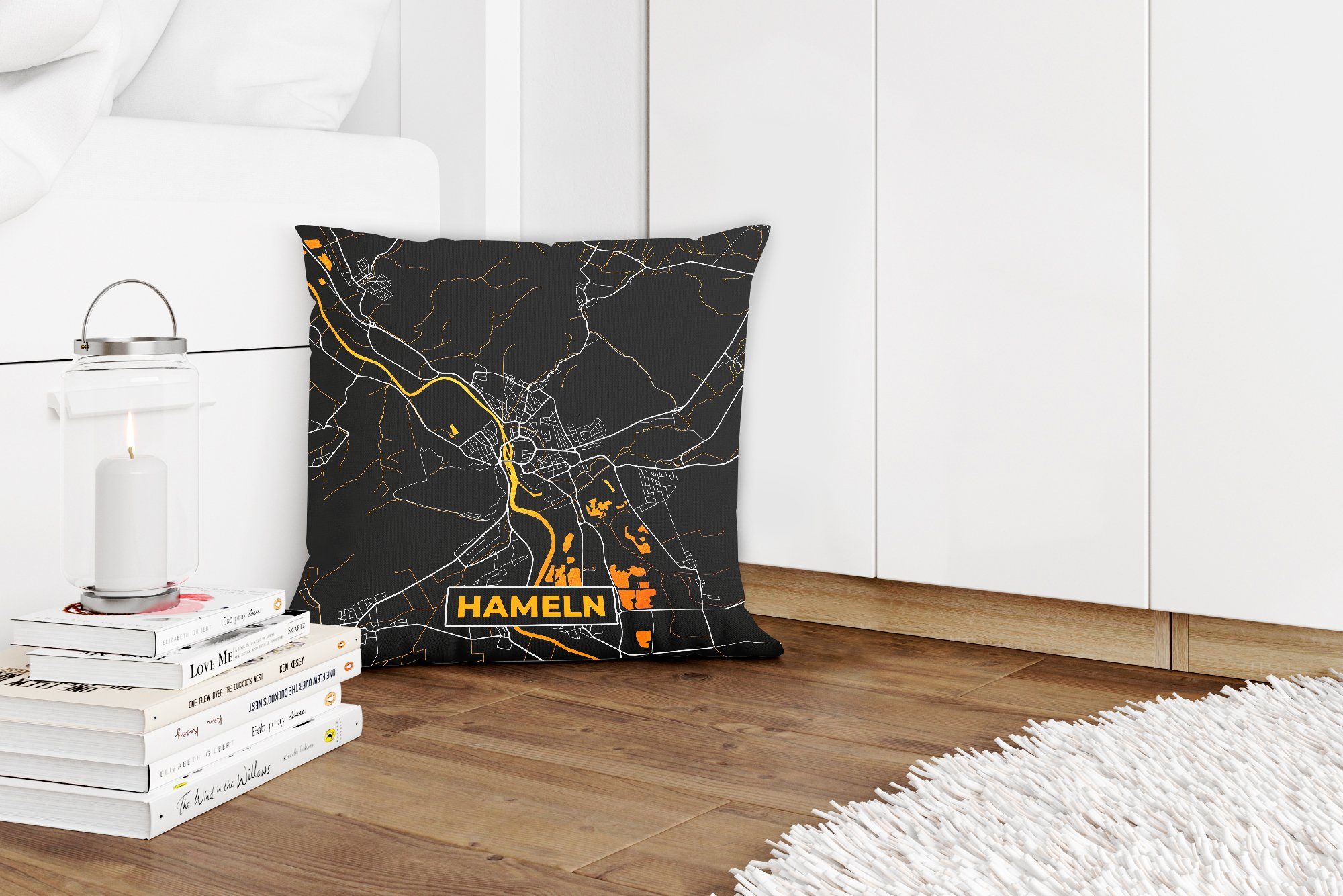 Gold Karte MuchoWow mit Füllung Schlafzimmer, Hameln Deko, Zierkissen - Wohzimmer, - - Stadtplan Sofakissen Deutschland, - für Dekokissen