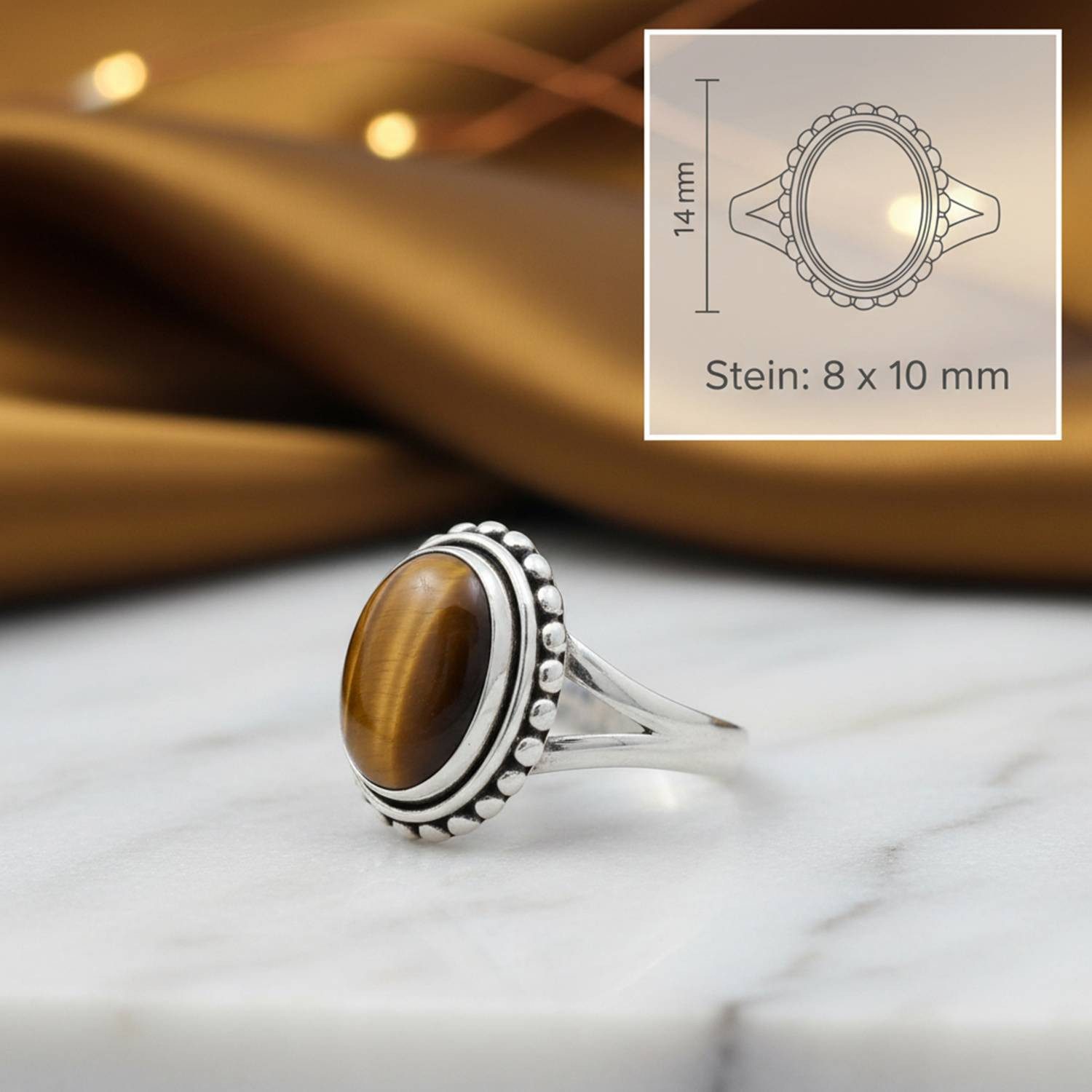 mantraroma Silberring GAMSA aus 925 Silber mit Tigerauge (Ring mit Schmuckbeutel), Damenring aus 925er Silber