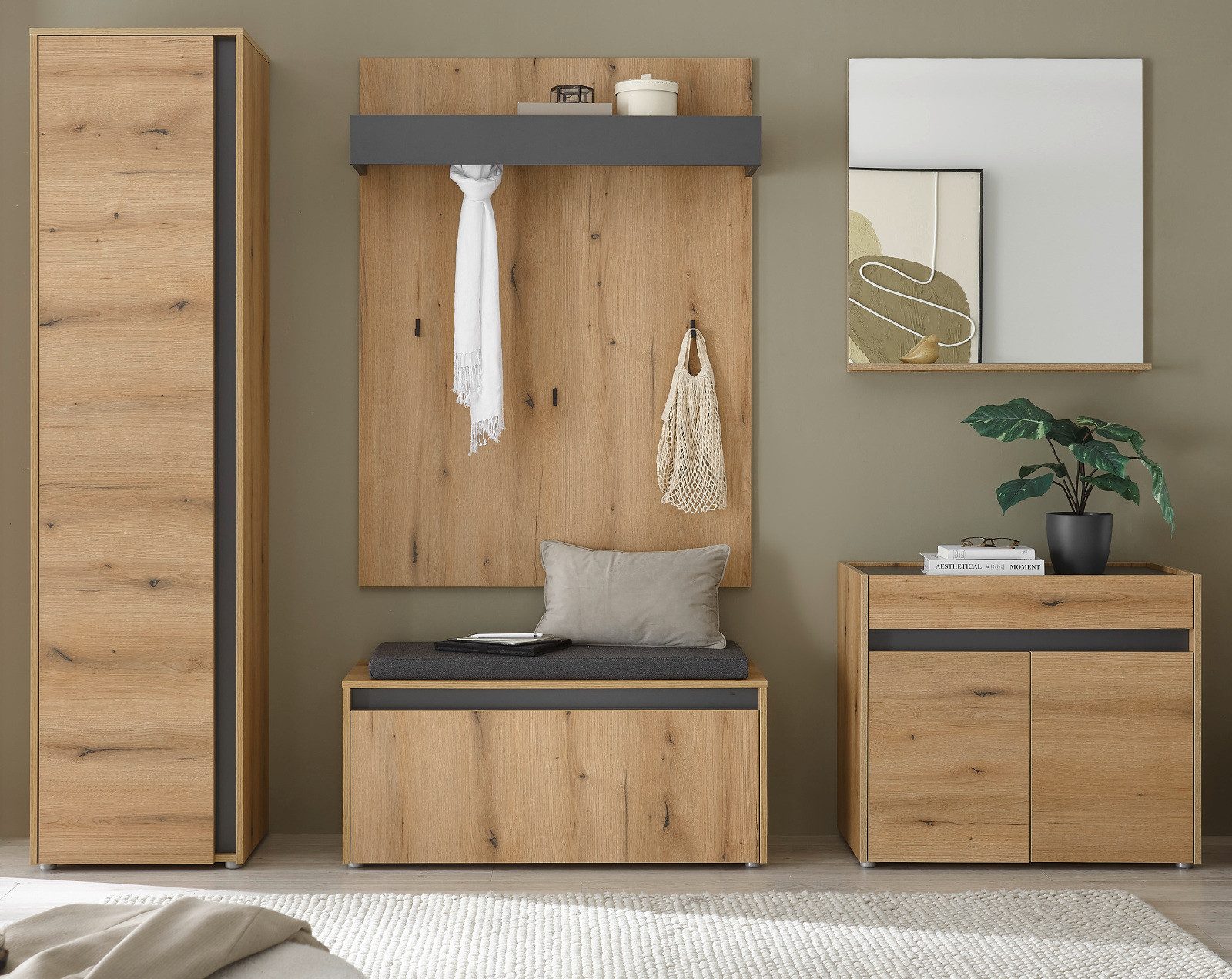 Furn.Design Garderoben-Set Center, (Komplett-Set in Eiche mit Grau, 6-teilig, 260 x 200 cm), mit viel Stauraum, inkl. Kissen