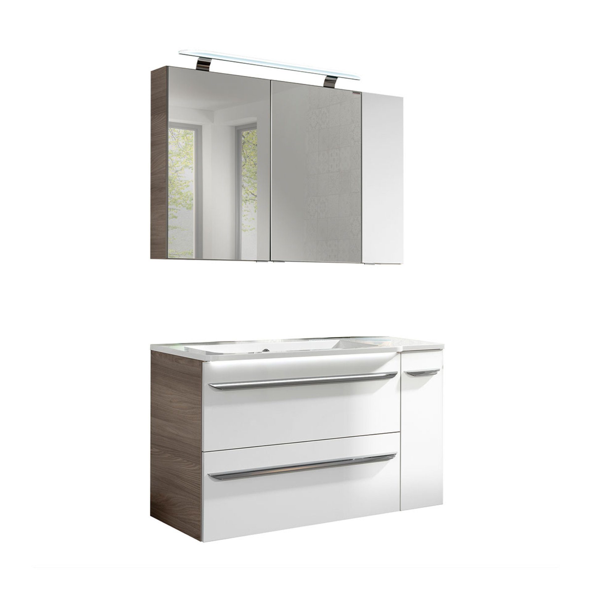 FACKELMANN Badmöbel-Set LUXOR Badmöbel Set 5-teilig, LED-Spiegelschrank + Badschränke rechts