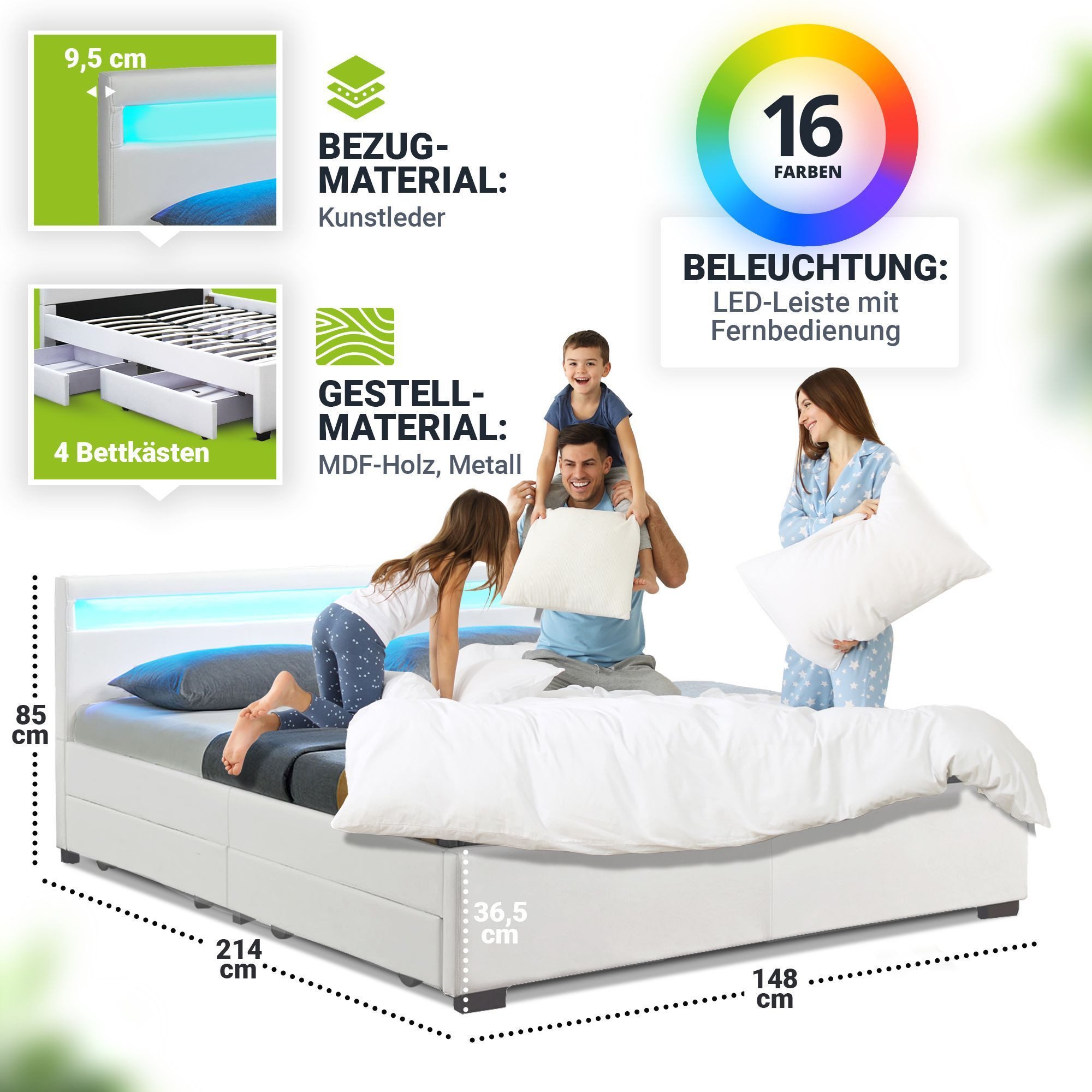 Juskys Polsterbett Lyon, 140x200 cm, ausziehbare Bettkästen, LED-Licht, gepolstertes Kopfteil