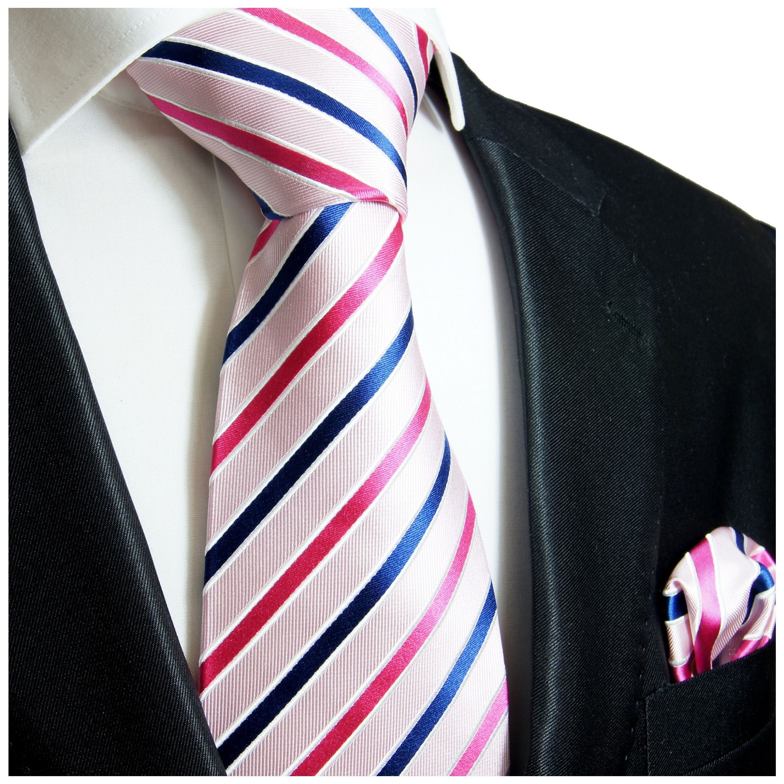 100% Seidenkrawatte gestreift Schmal (Set, Herren (6cm), mit Malone Einstecktuch) mit 2-St., Krawatte 600 Paul Tuch Krawatte blau modern rosa pink Seide