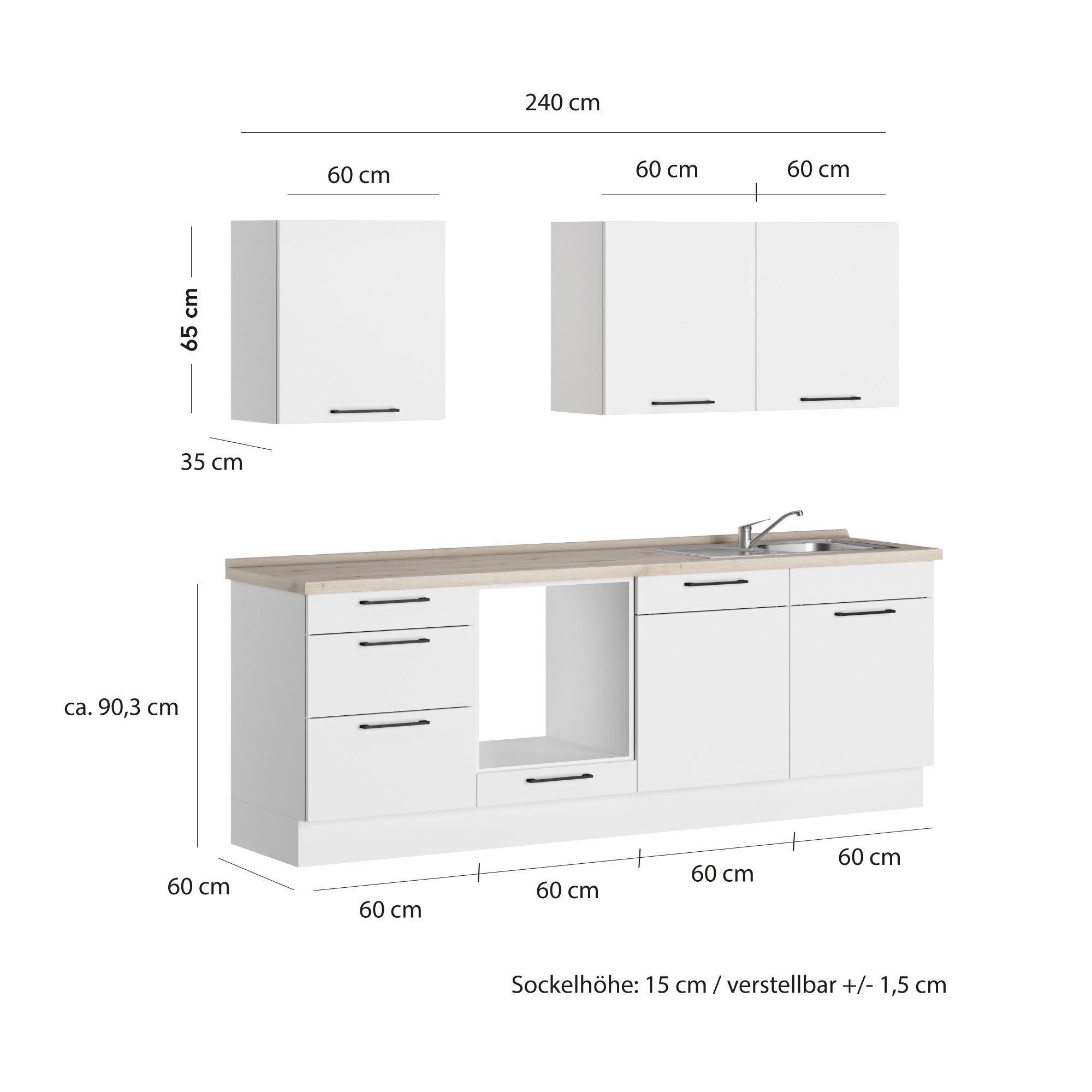 ROCTOR Küchenzeile RT5001 Kristallweiß / AP Sommereichehell - 240 cm Breit, Vormontiert, ohne E-Geräte, Korpus Made in Germany