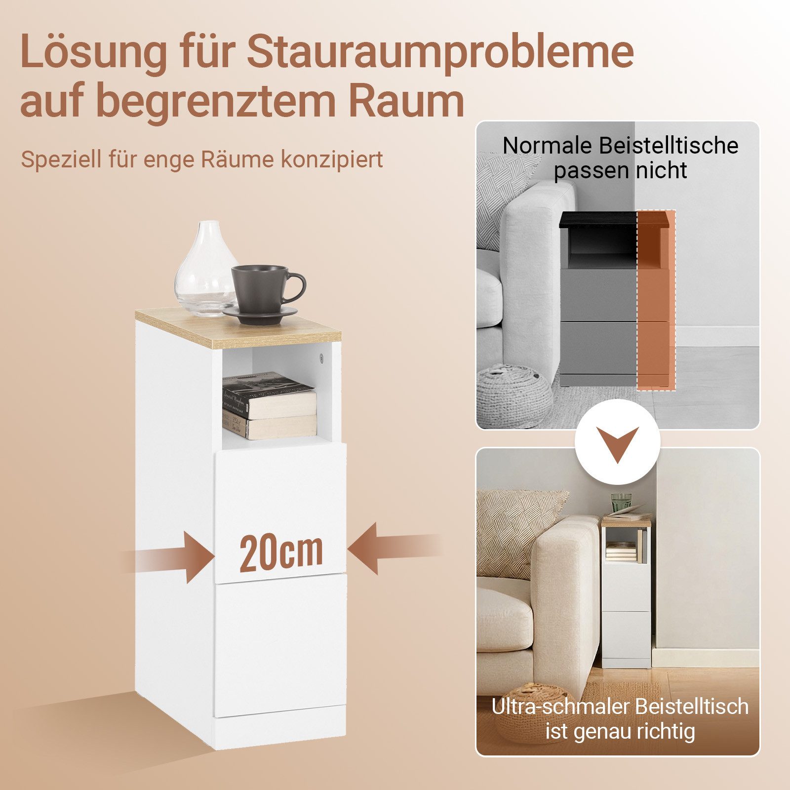 SoBuy Nachttisch FBT149, Nachtschrank Beistelltisch Nachtkommode Couchtisch, Holz, Nachttisch schmal, mit 2 Schubladen und Ablage, 1er Set/2er Set, Weiß