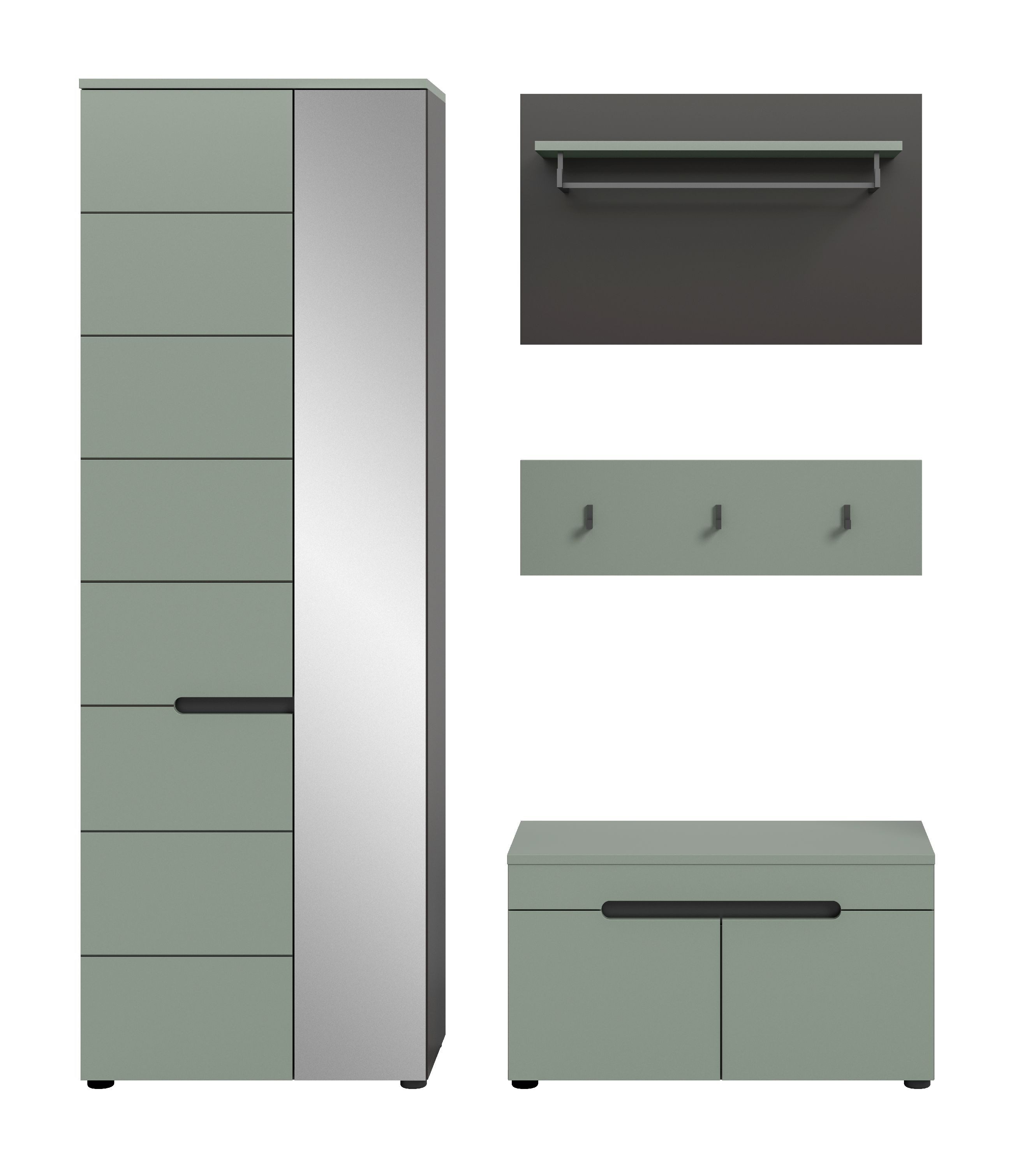 xonox.home Garderoben-Set, (3tlg. Set inkl. Garderobenschrank, Sitzbank, Paneel), Smoke Green Melamin beschichtet modern 160x190x37 cm