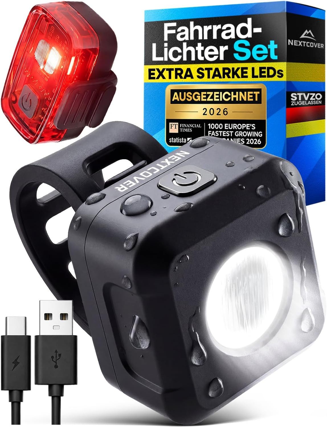 Nextcover Fahrradbeleuchtung NEXTCOVER® VisionOne Fahrradlicht Set mit LED & 6h Akkulaufzeit