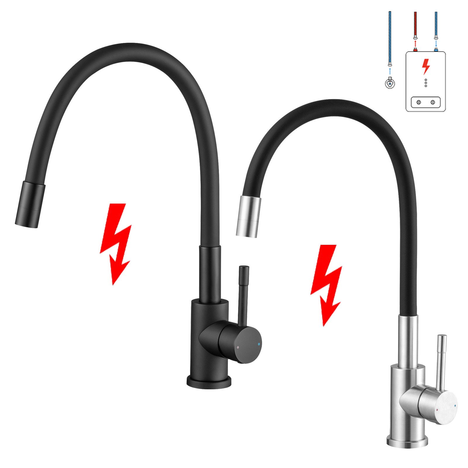 Sofetiy max Küchenarmatur Niederdruck Schwarze Flexible Spültischarmatur Wasserhahn 360° (für Spüle Boiler, 1-St) Mischbatterie Küche Armatur