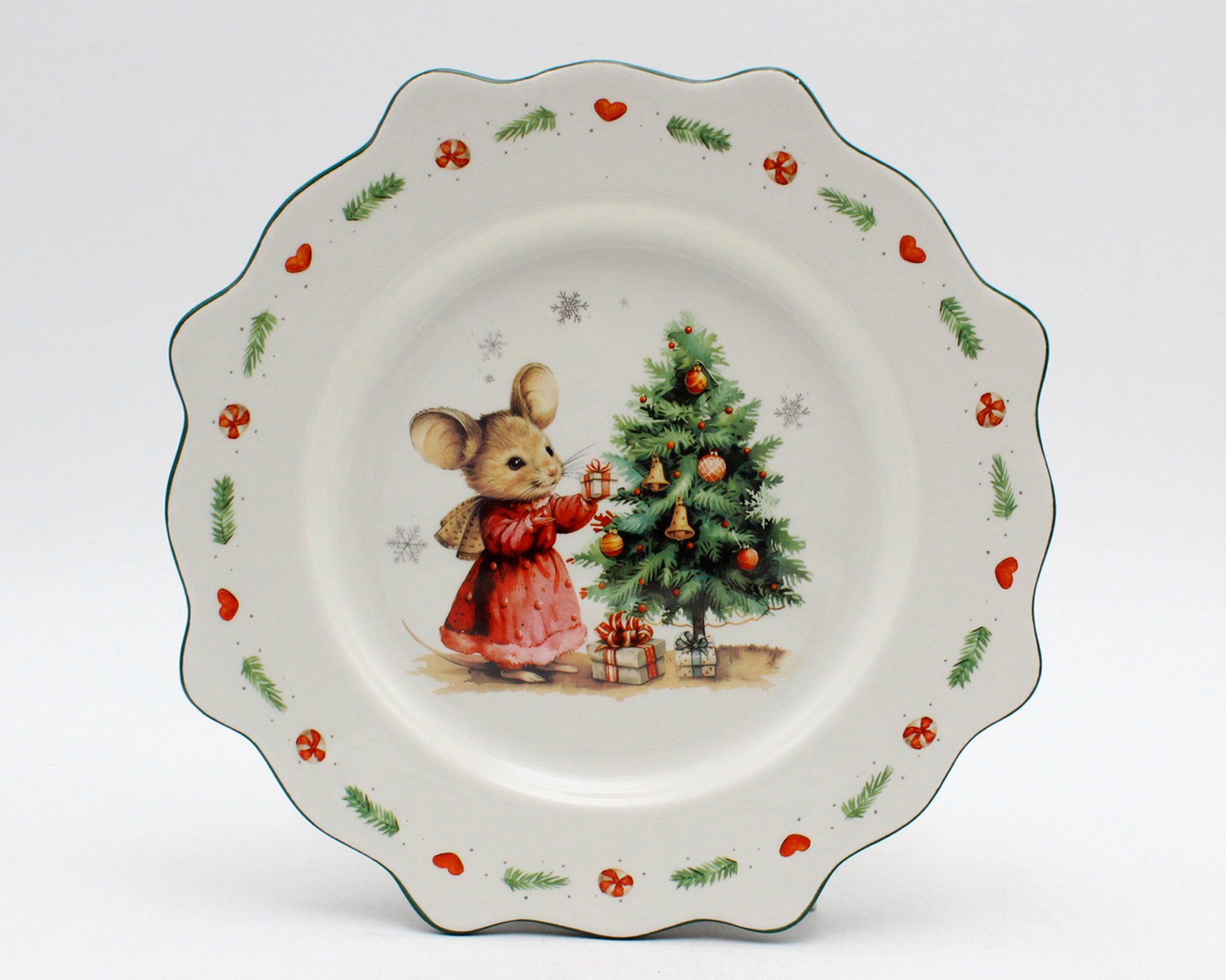 Kaemingk Teller, Teller 21cm Keramik Weihnachtsmaus mit Tannenbaum Motiv Weiß / Bunt