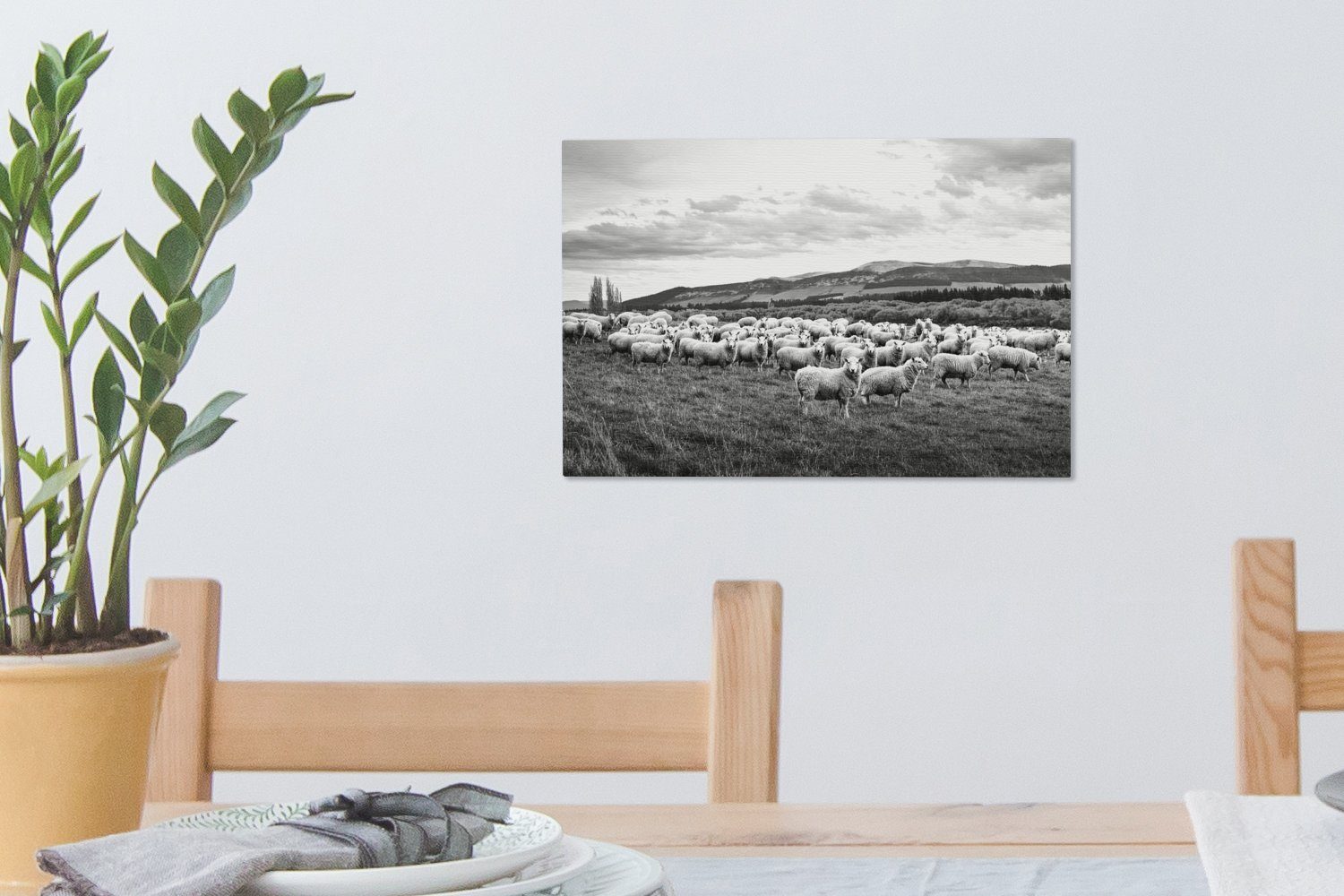 OneMillionCanvasses® Leinwandbild cm 30x20 und bunt Leinwandbilder, (1 den St), schwarz Wanddeko, Aufhängefertig, weiß, - Schafherde Hügeln Wandbild in