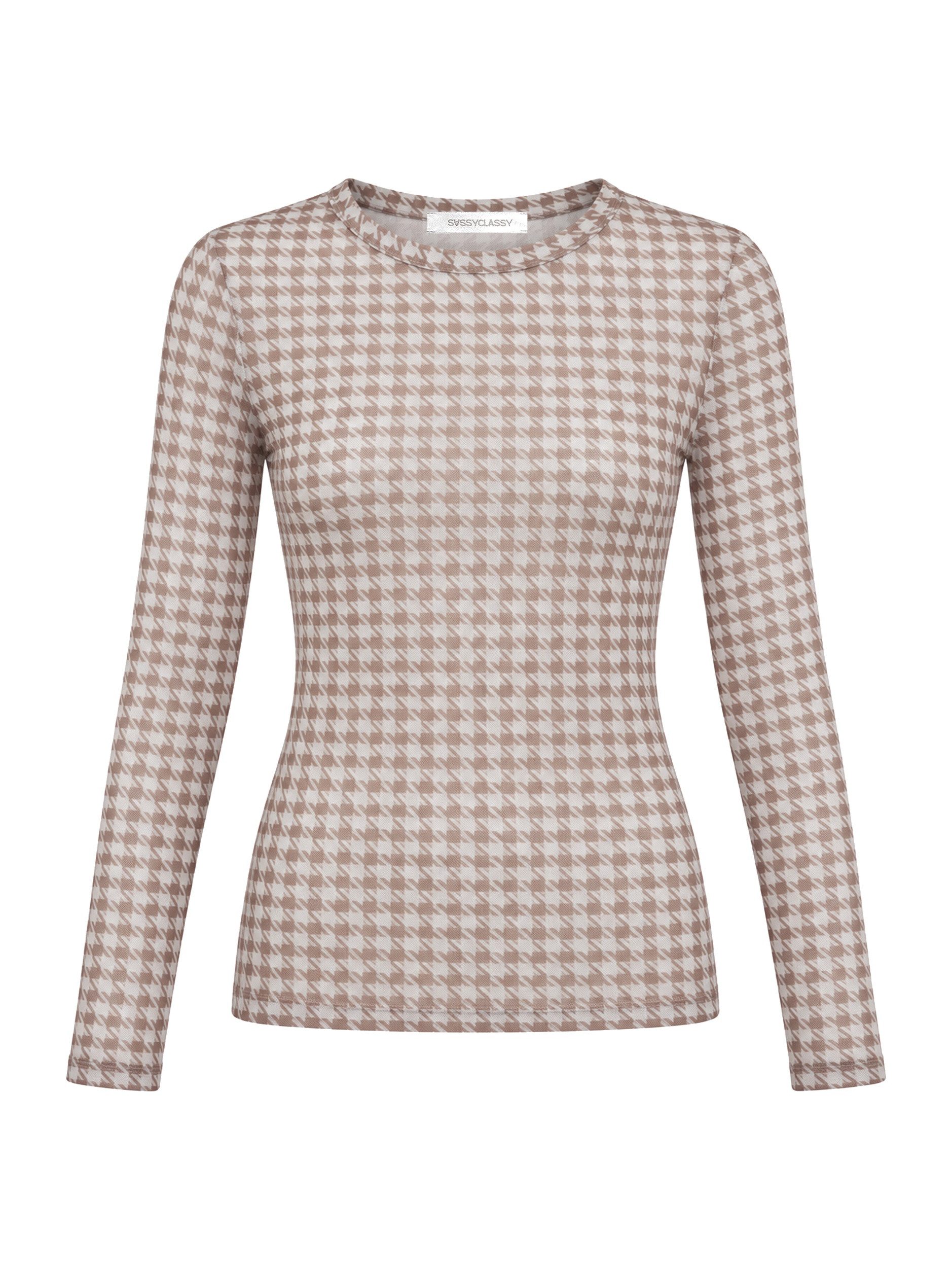 SASSYCLASSY Langarmshirt Dursichtiges Top für Damen modernes longsleeve mit All-Over-Muster in Beige – Bild 2 von 5